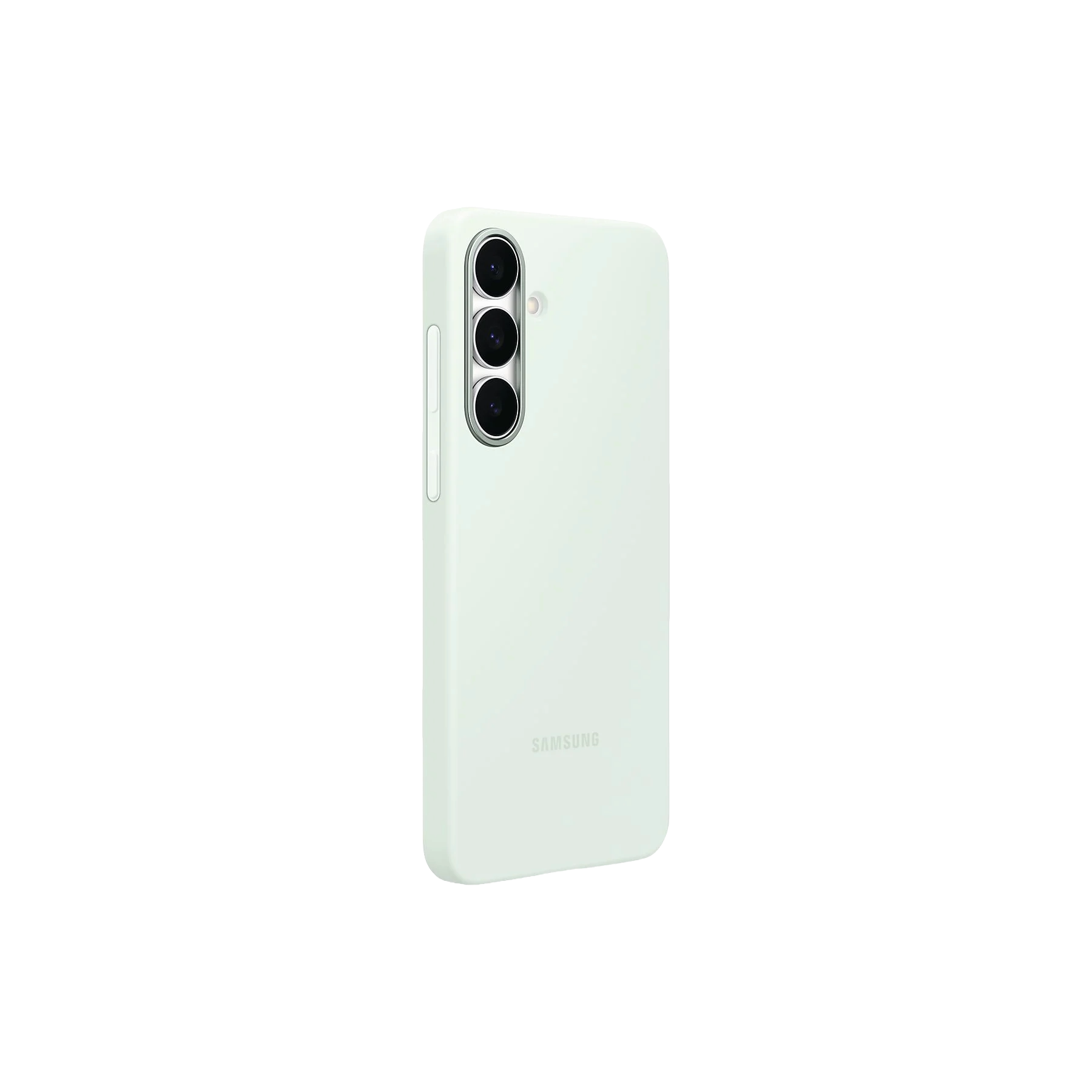 Una funda de teléfono Samsung verde claro sobre un fondo negro. La funda tiene tres lentes de cámara y el logotipo de Samsung.