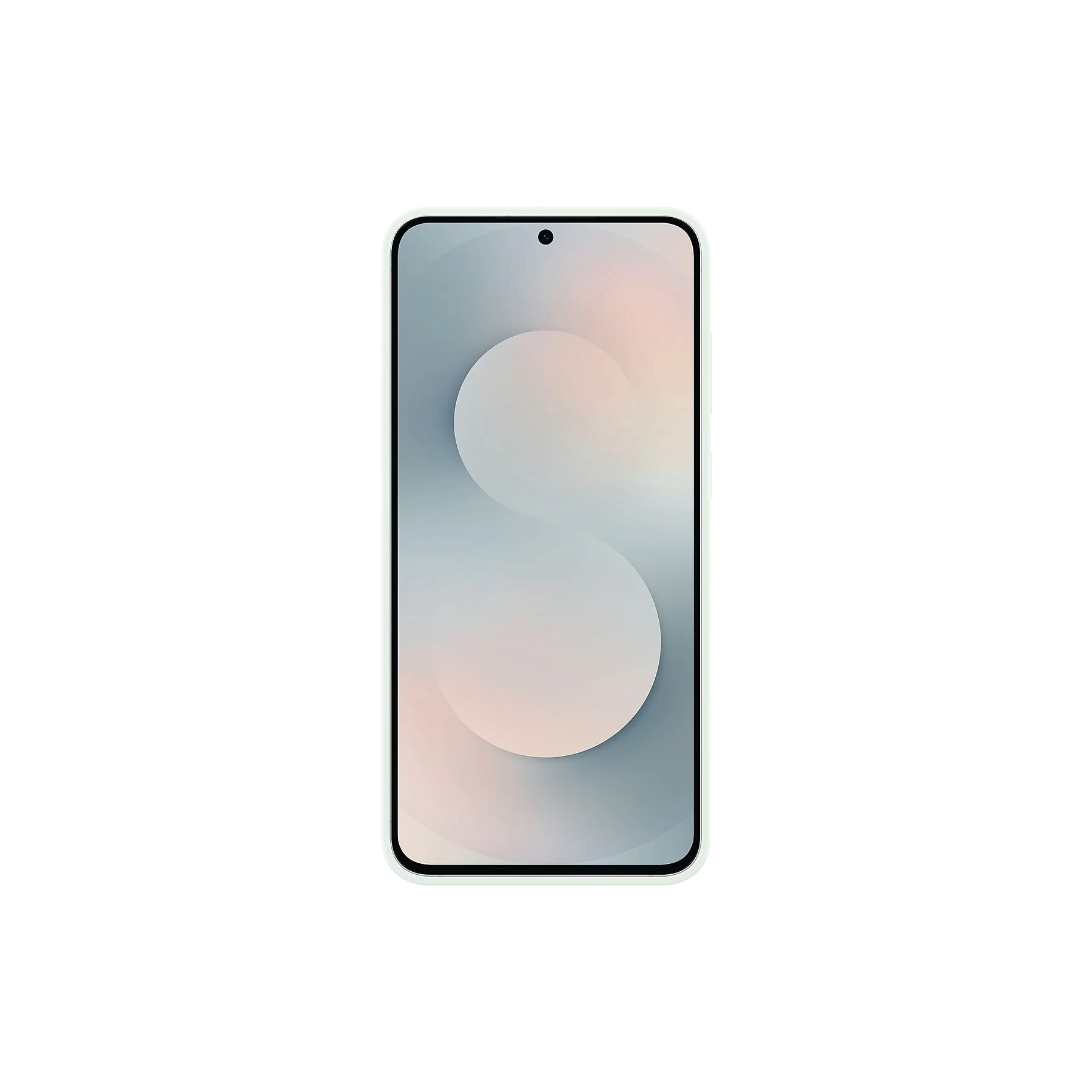 Un smartphone con pantalla degradada azul claro y rosa sobre fondo negro. La pantalla muestra una S blanca.