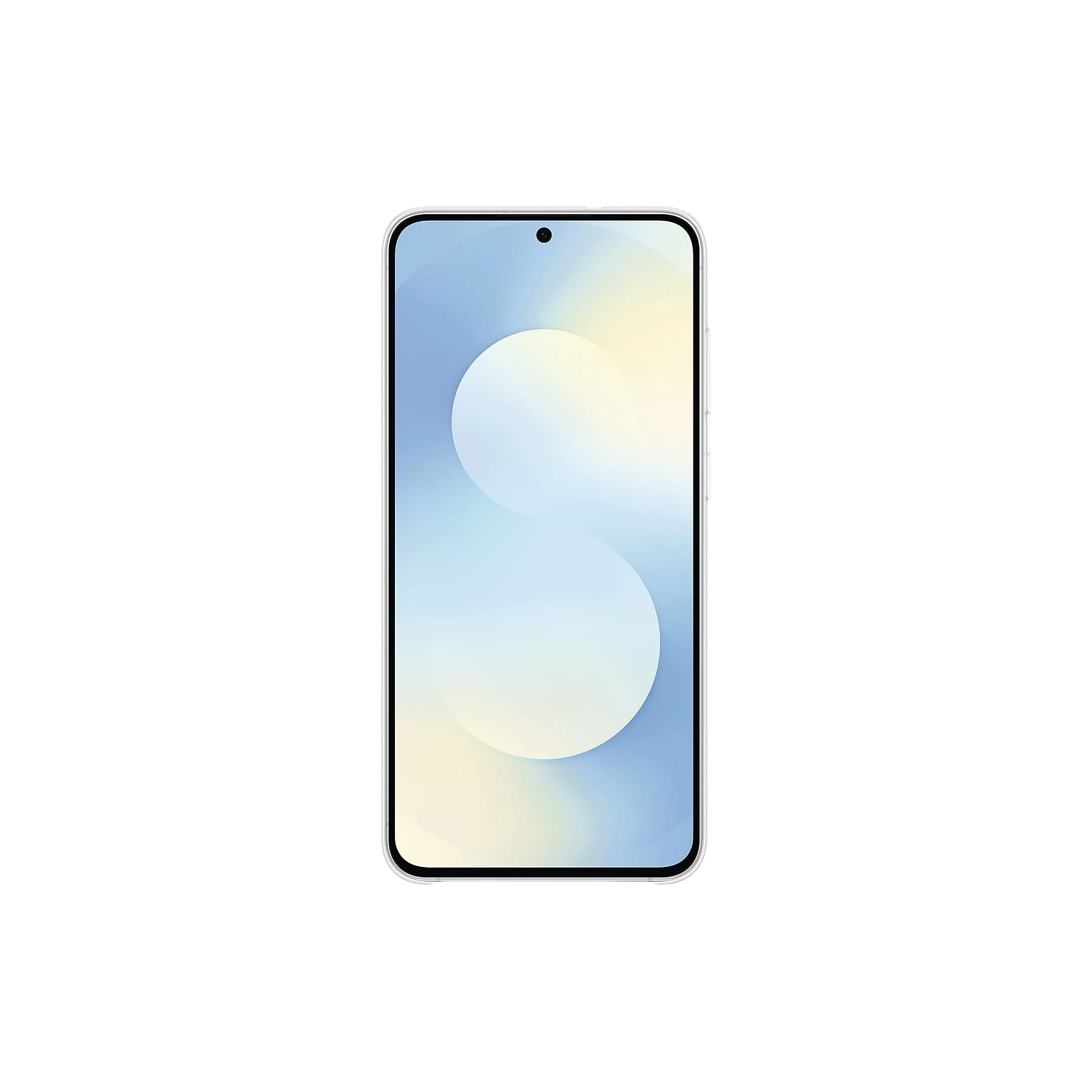 Un smartphone con marco blanco y pantalla degradada azul claro y amarillo, sobre fondo negro.