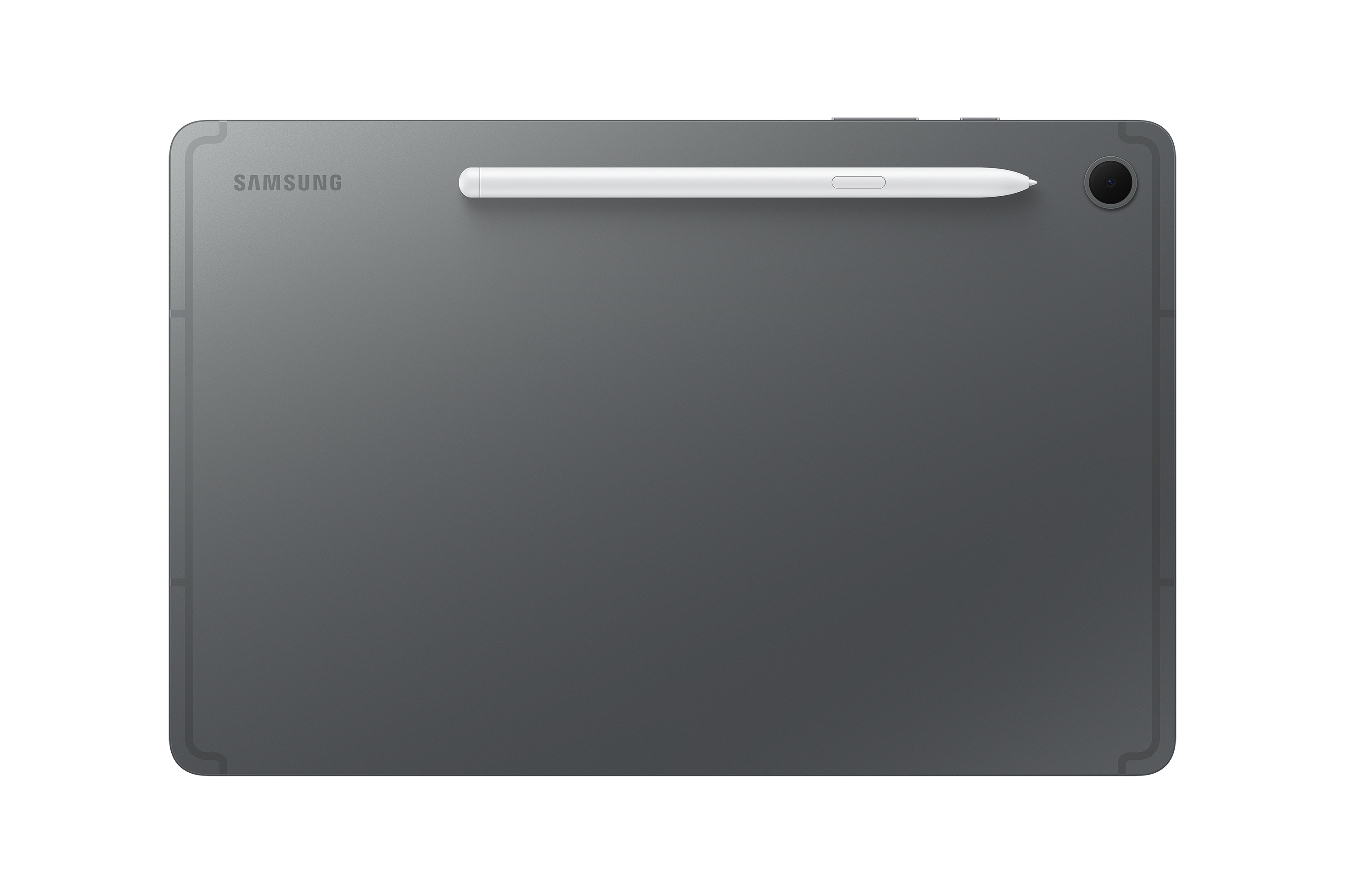 Szürke Samsung tablet fehér tollal fekete háttéren. A kamera jobbra található.