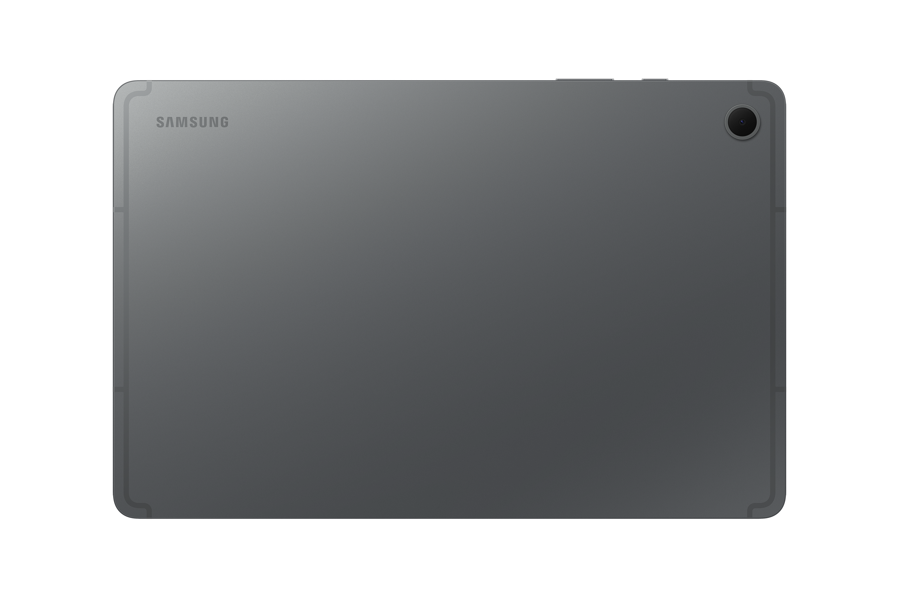 Egy szürke Samsung tablet hátulja látható. A kamera lencséje és a Samsung logója fekete háttér előtt.