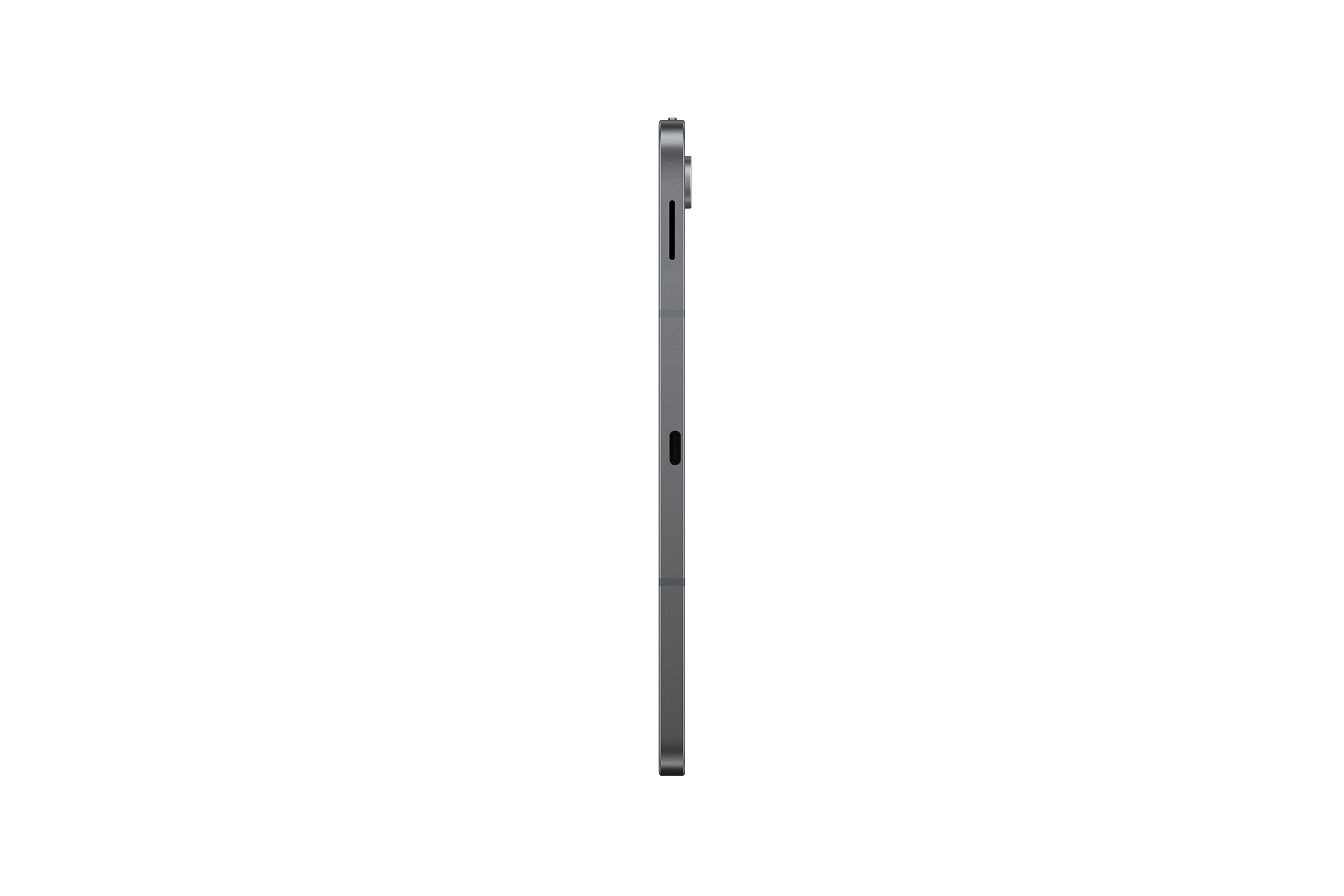Egy szürke tablet oldalsó nézete fekete háttér előtt, függőlegesen elhelyezve.