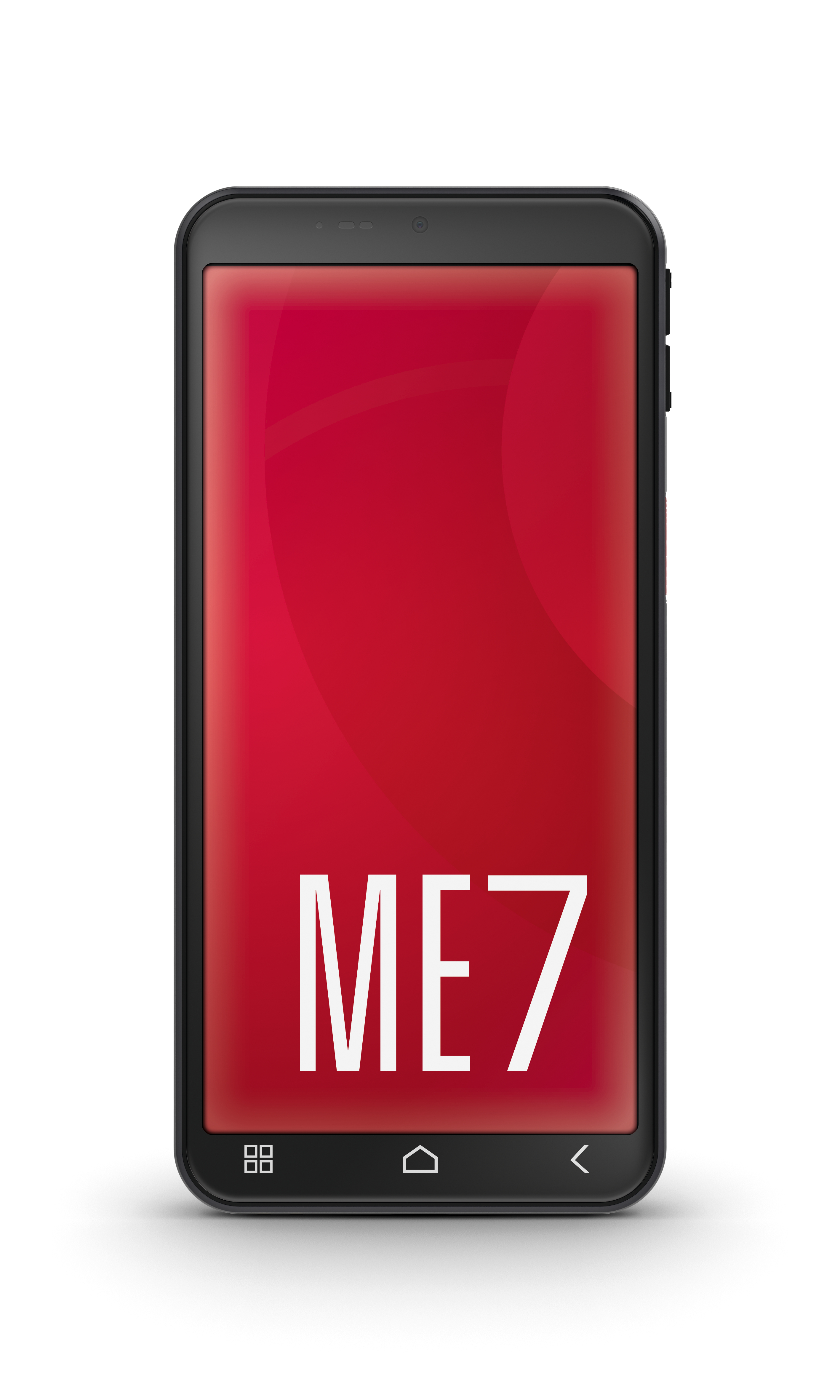 Ein schwarzes Smartphone mit rotem Bildschirm, auf dem 'ME7' steht. Das Telefon hat einen schwarzen Rahmen und weißen Hintergrund.