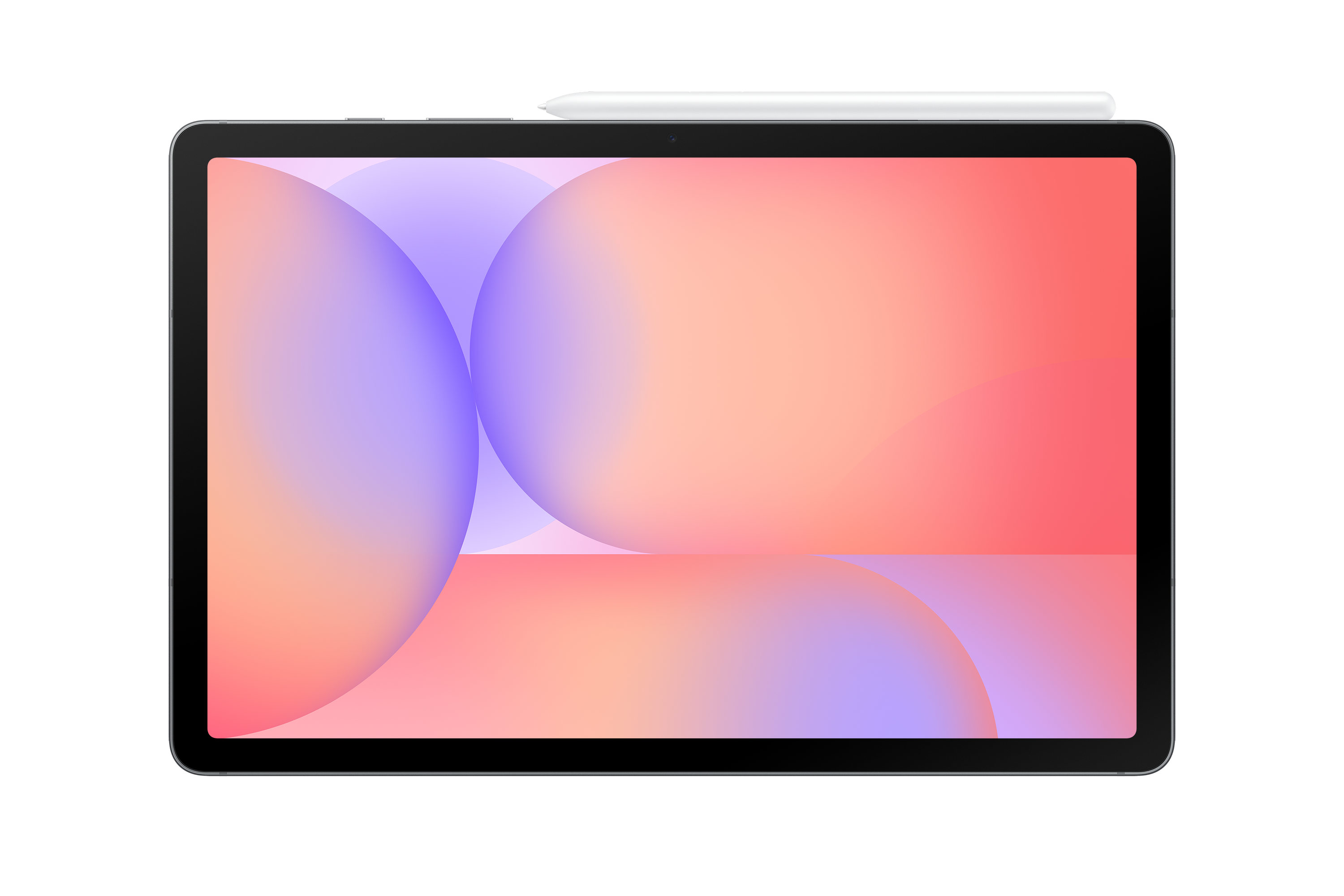Tablet színes gradiens képernyővel, tollal a tetején, fekete háttér előtt.