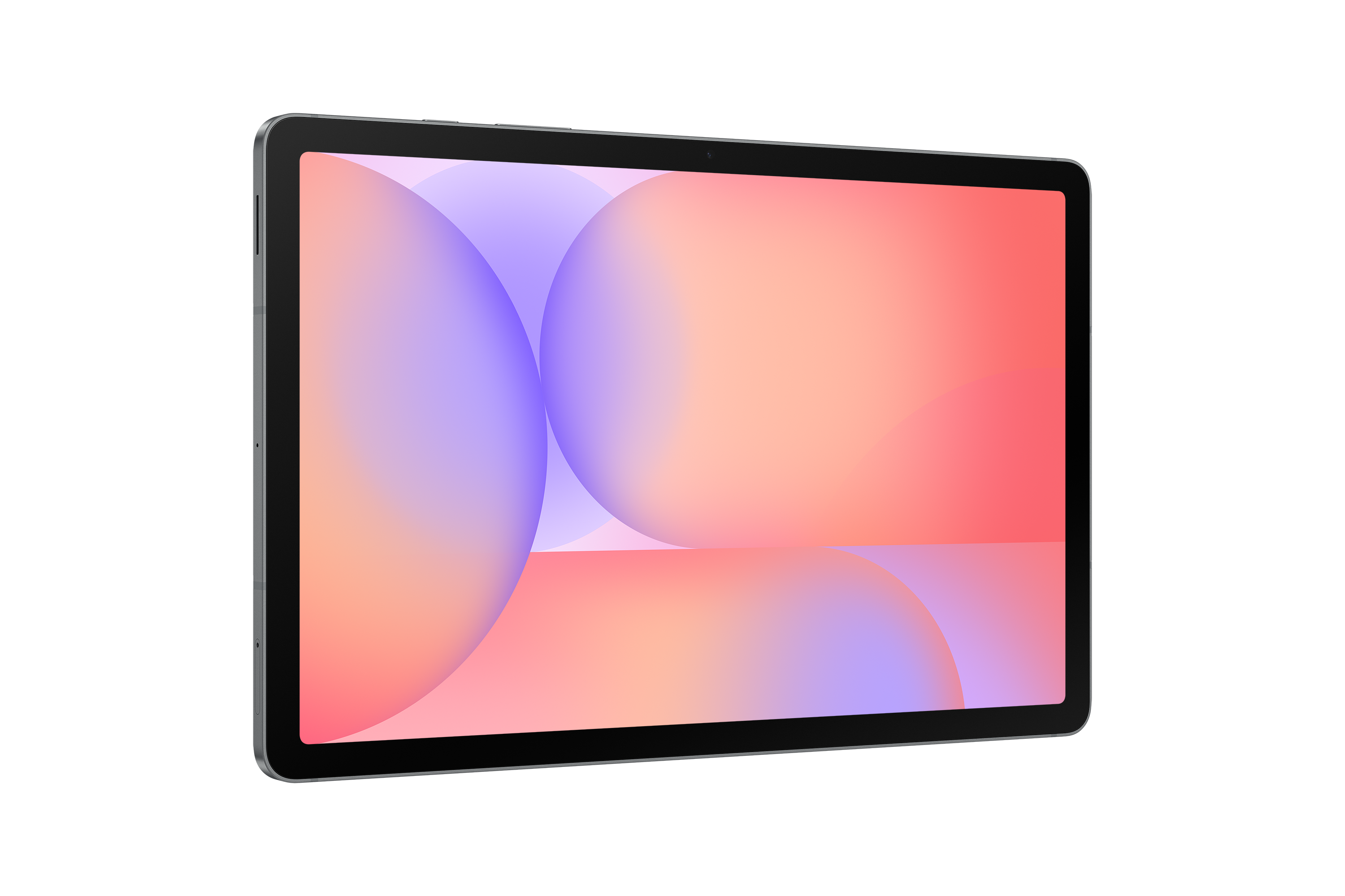 Egy tabletta rózsaszín, lila és narancssárga színátmenetű képernyővel, fekete háttéren.