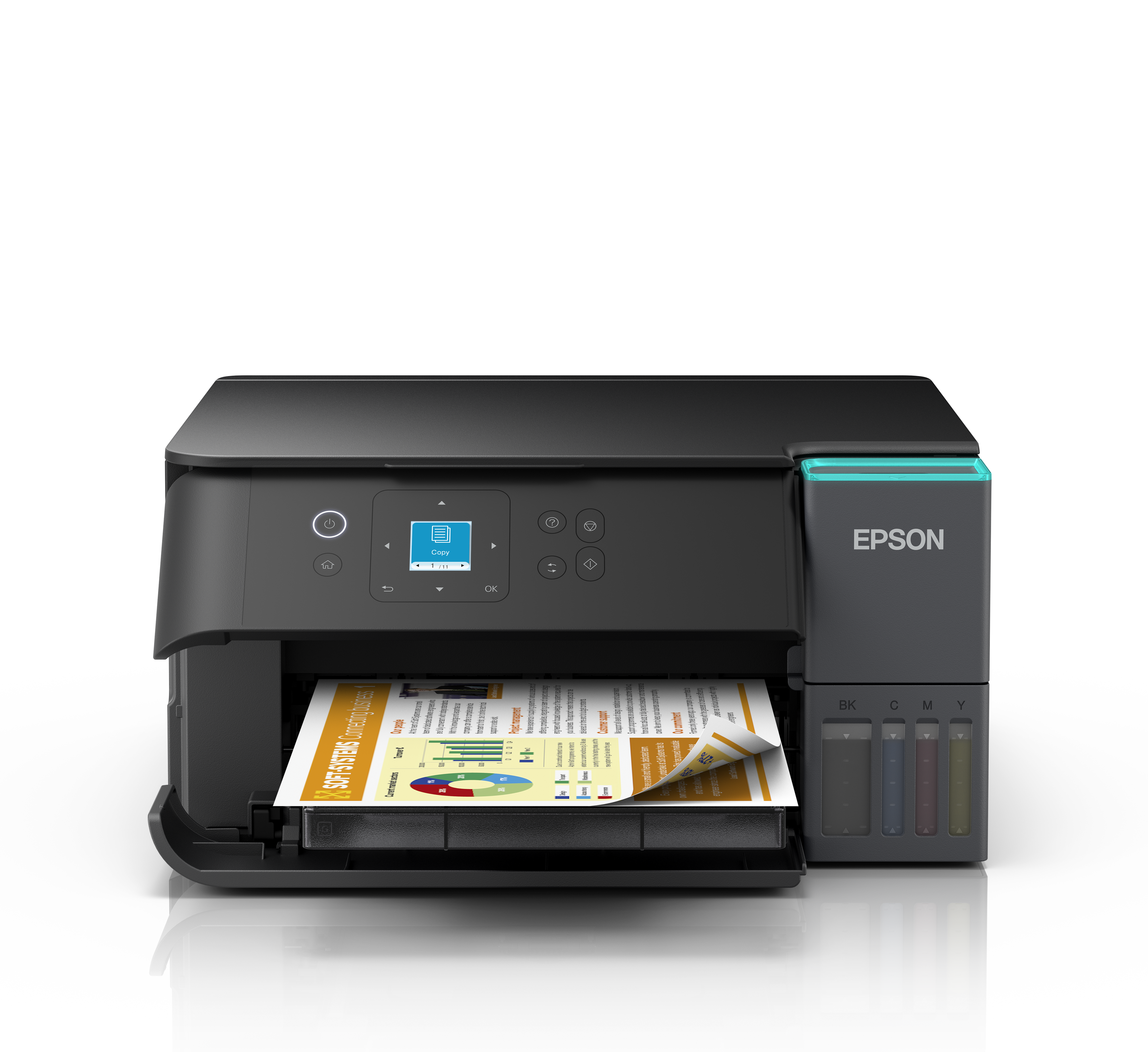Ein Epson-Drucker wird angezeigt, er ist schwarz und druckt ein Dokument mit Diagrammen. Der Hintergrund ist schwarz.