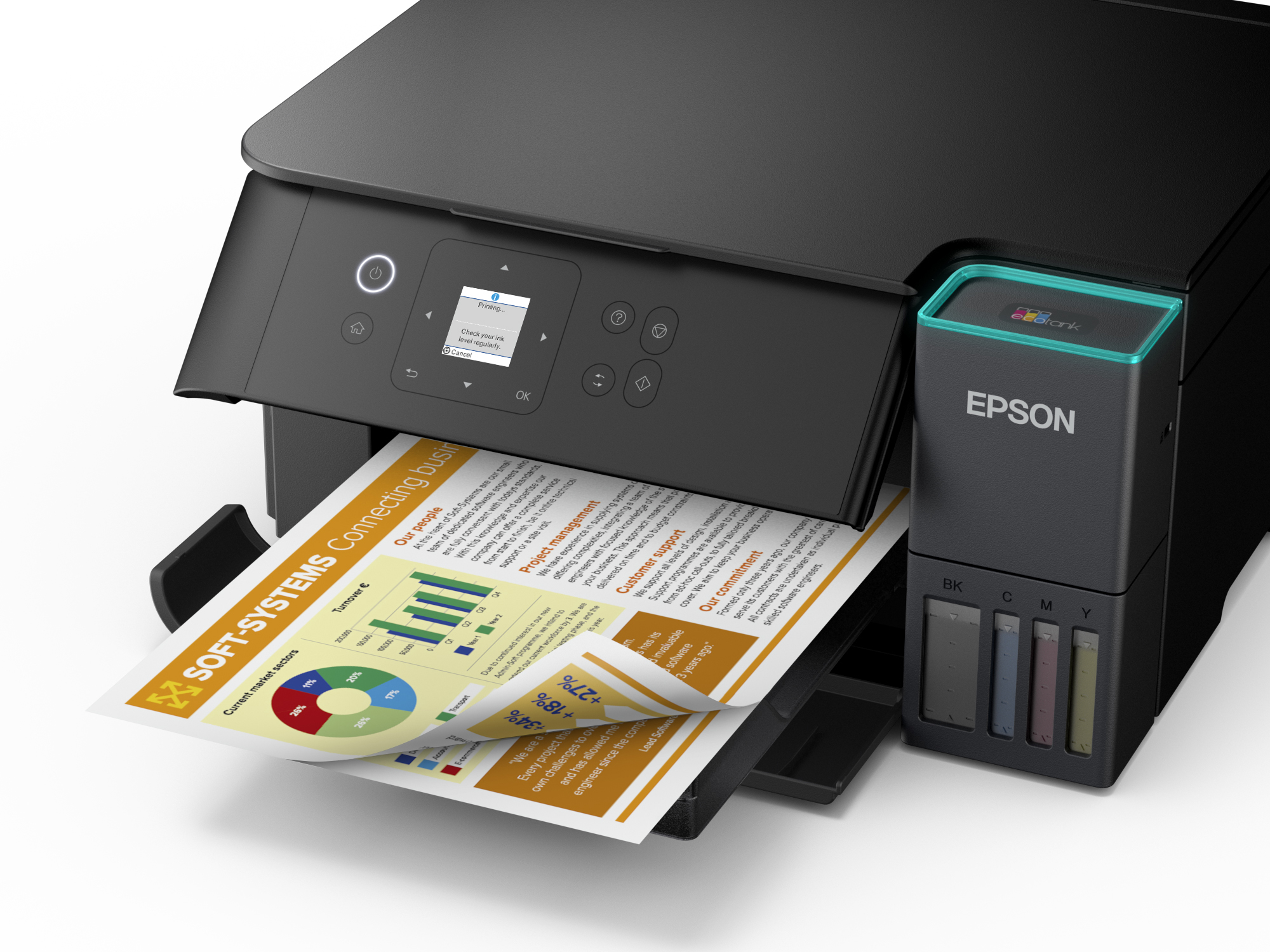 Ein Epson-Drucker druckt einen Geschäftsbericht. Der Drucker ist schwarz mit cyanfarbenen Akzenten und hat Tintenbehälter.