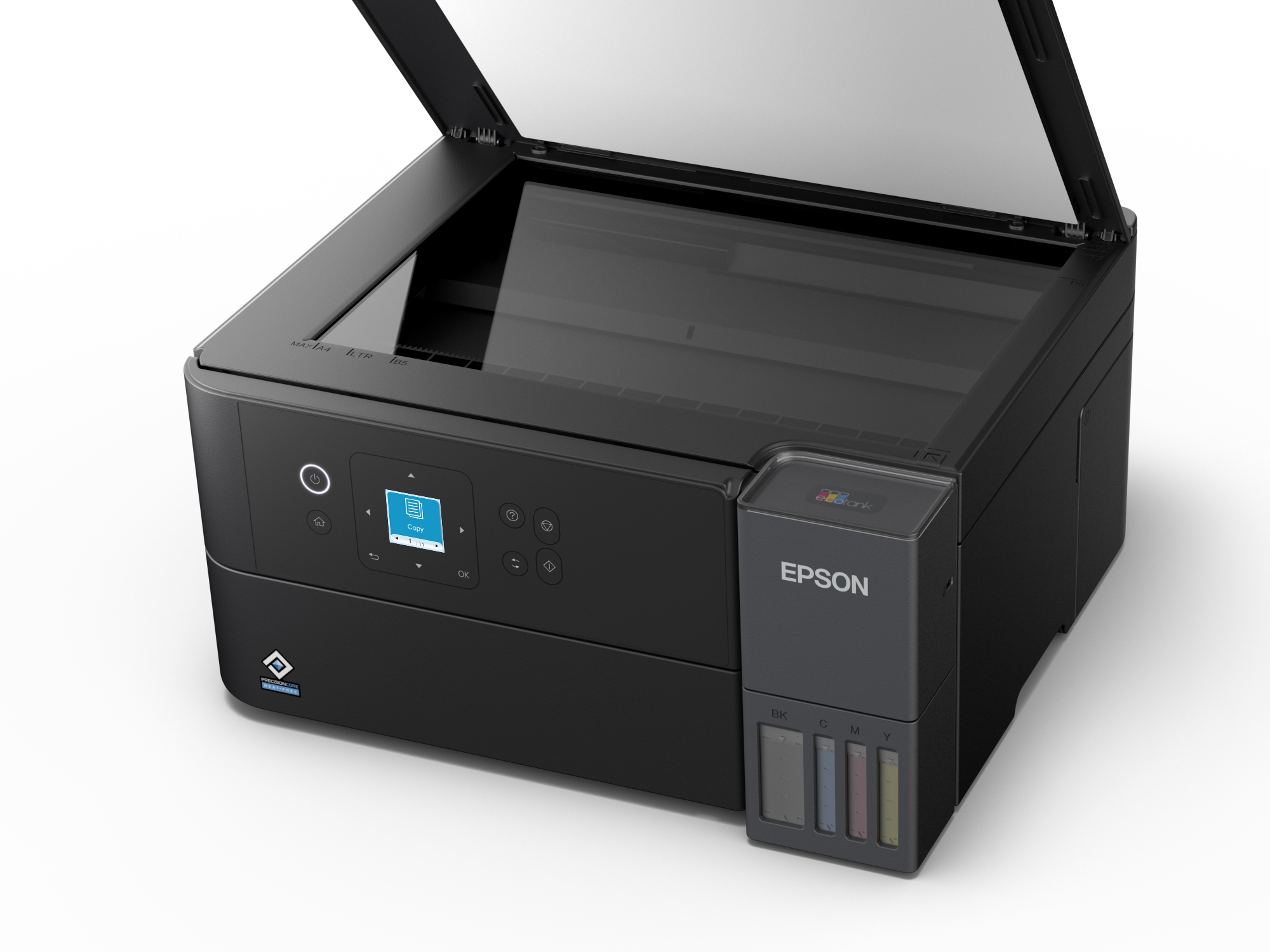 Schwarzer Epson-Drucker mit offenem Deckel. Merkmale umfassen ein Bedienfeld und sichtbare Tintenbehälter. Der Hintergrund ist weiß.