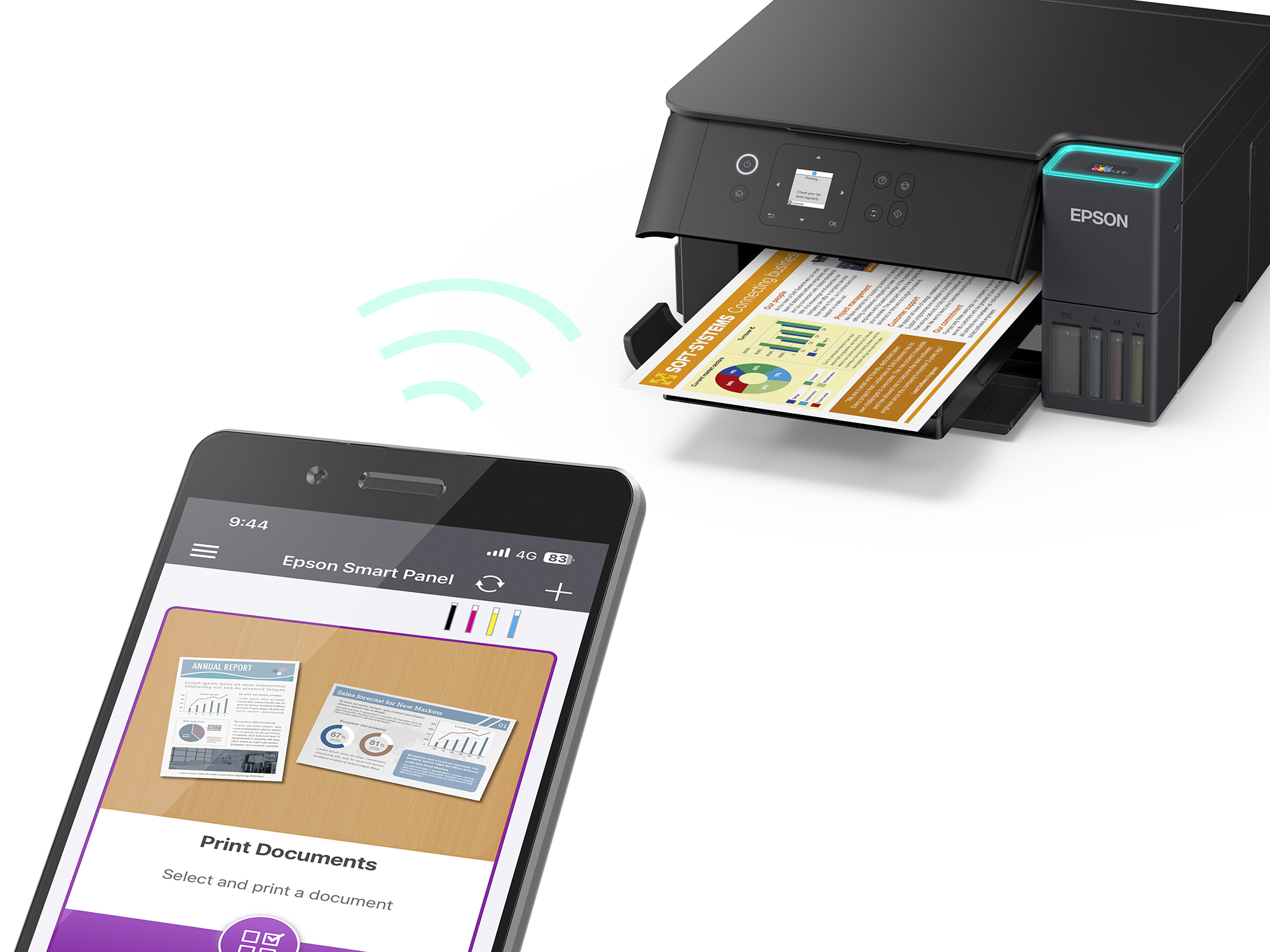 Ein Epson-Drucker, der ein Dokument drahtlos von einem Telefon aus druckt, das Druckoptionen mit einer Berichtsvorschau anzeigt.