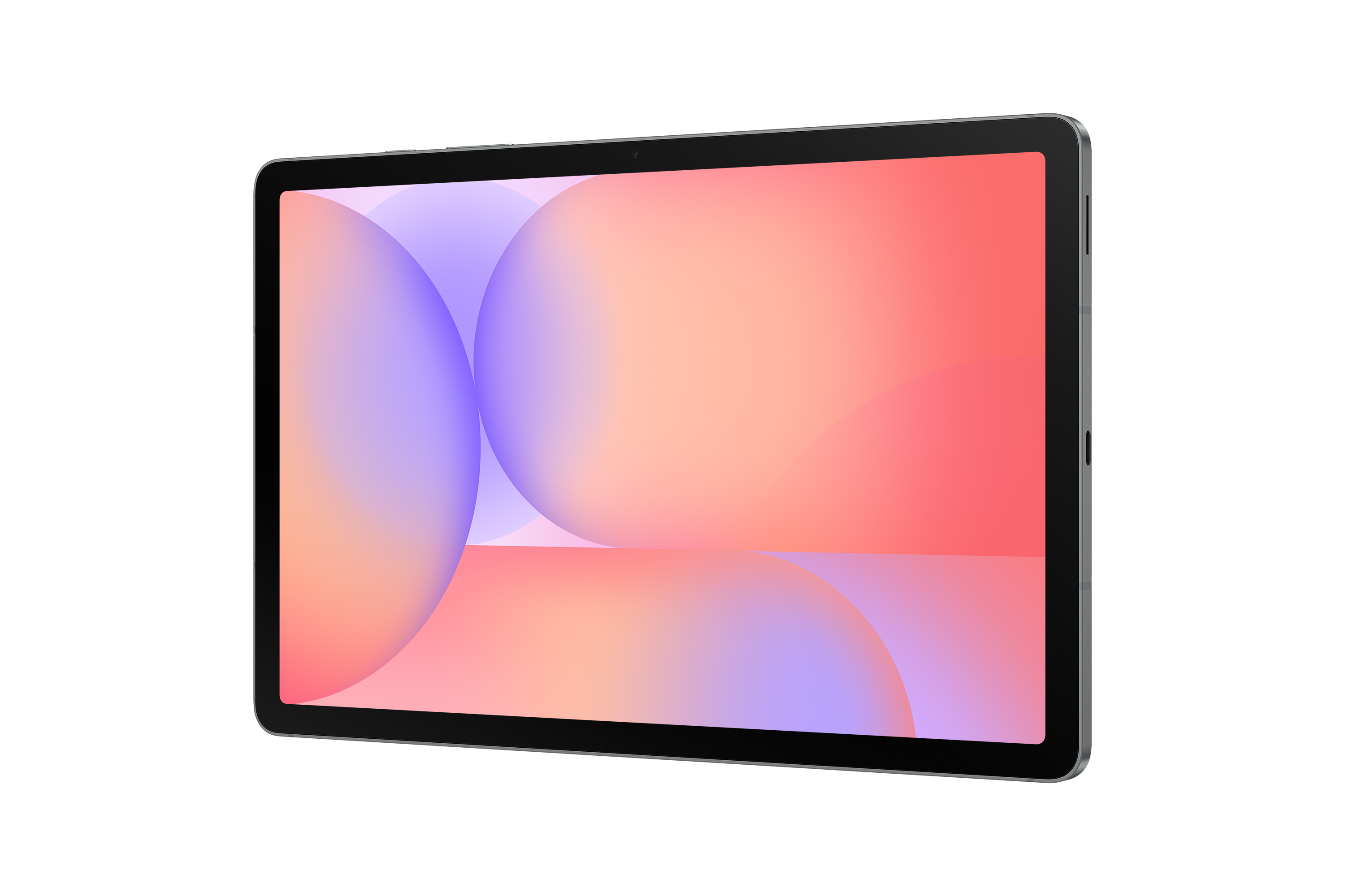 Egy tablet színes, rózsaszín, narancssárga és lila színátmenetes kijelzővel, fekete háttéren.