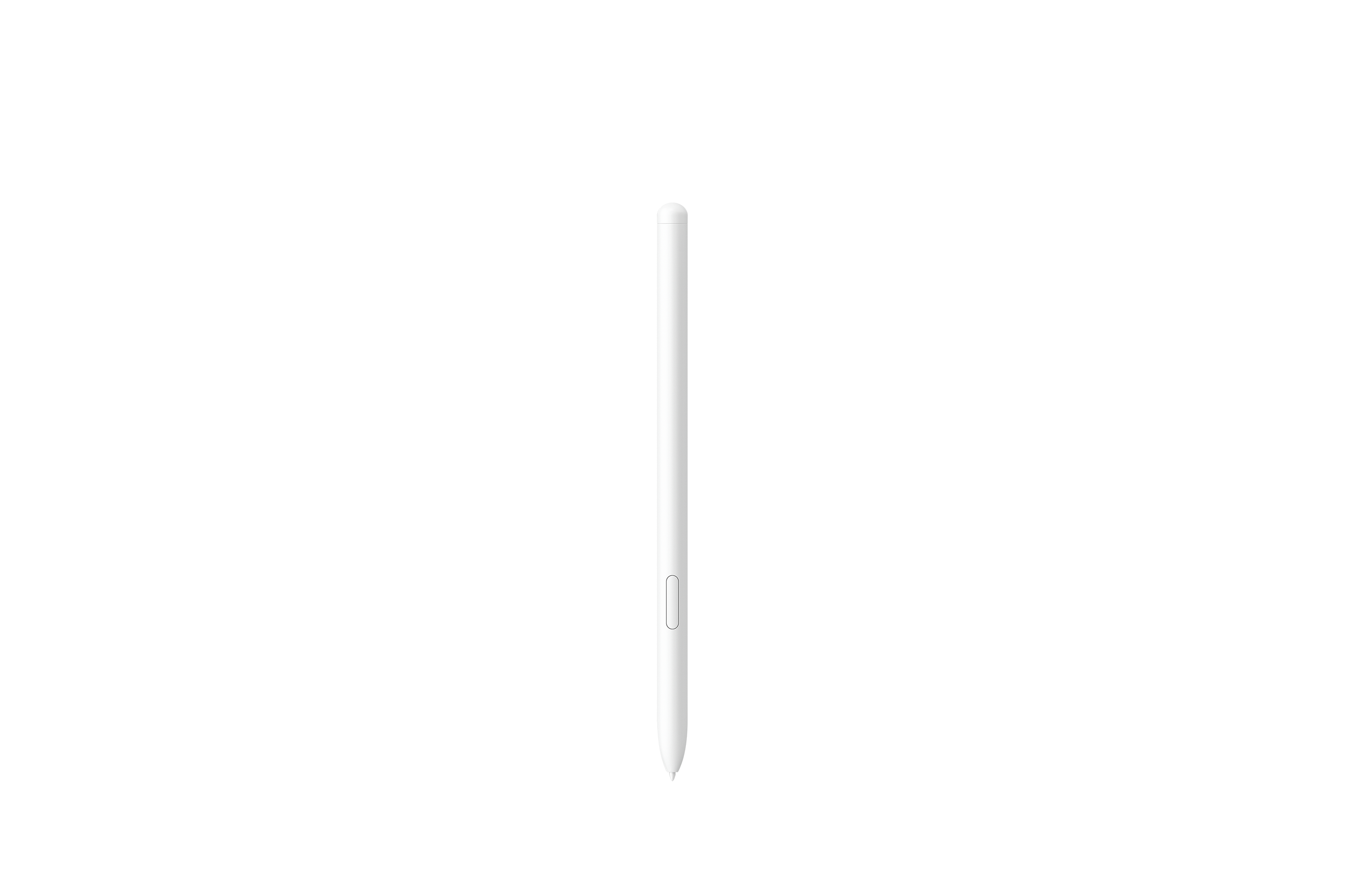 Fehér stylus toll fekete háttérrel. A toll függőleges, középre igazított és enyhén szögletes. Gombja van.