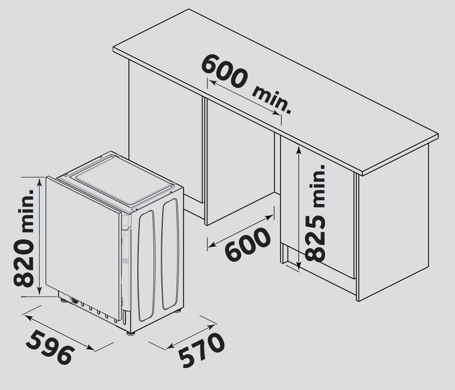 Konyhai készülék diagramja méretekkel. A készülék mellett egy szekrény található. A méretek milliméterben vannak megadva.