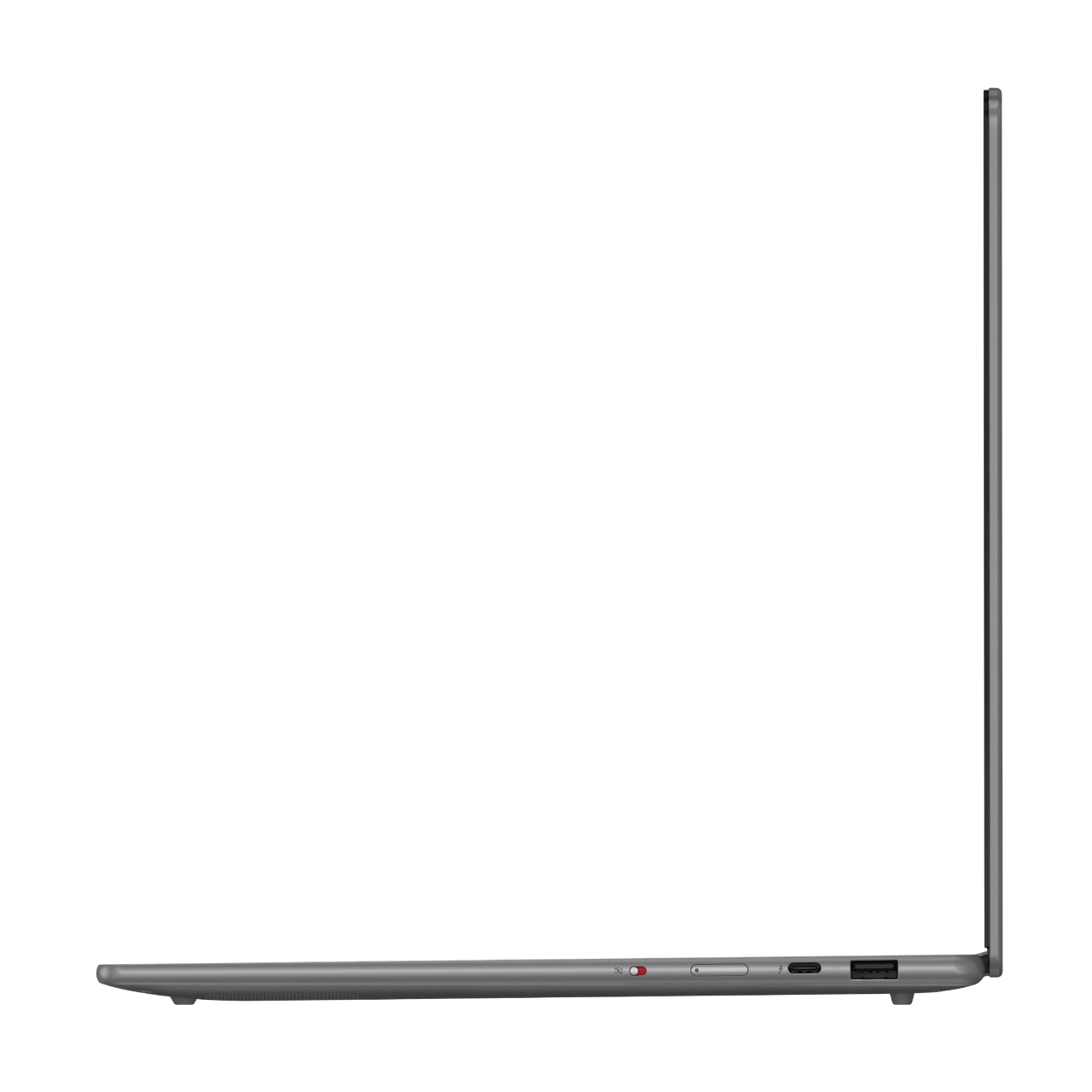 Seitenansicht eines grauen Laptops. Der Bildschirm ist geöffnet. Anschlüsse und ein Einschaltknopf sind sichtbar.