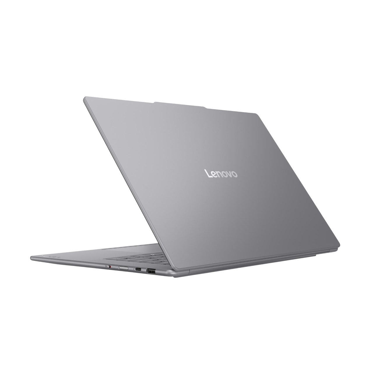 Ein silbernes Lenovo-Laptop ist leicht geöffnet und zeigt das Lenovo-Logo. Der Hintergrund ist schwarz.