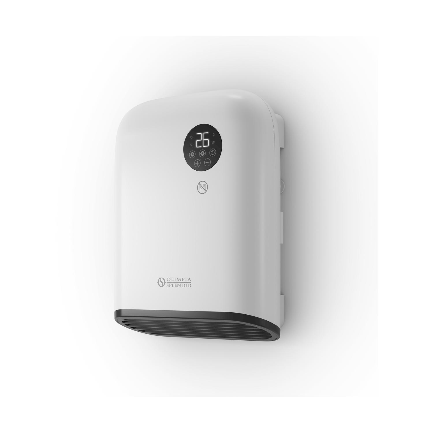 Termoventilatore bianco a parete con display digitale che mostra 26 gradi. Base nera e logo Olimpia Splendid.