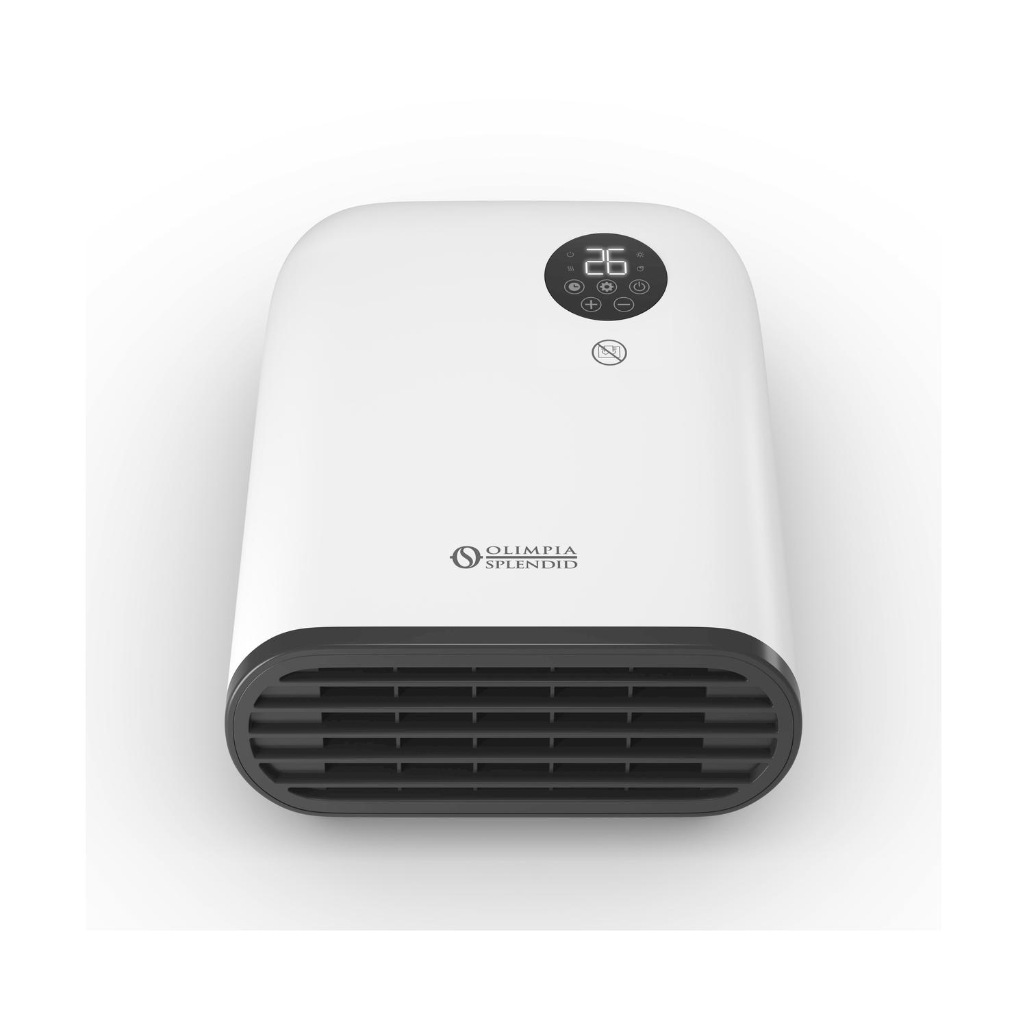 Un termoventilatore Olimpia Splendid bianco con display digitale che mostra 26. Ha una griglia nera in basso.