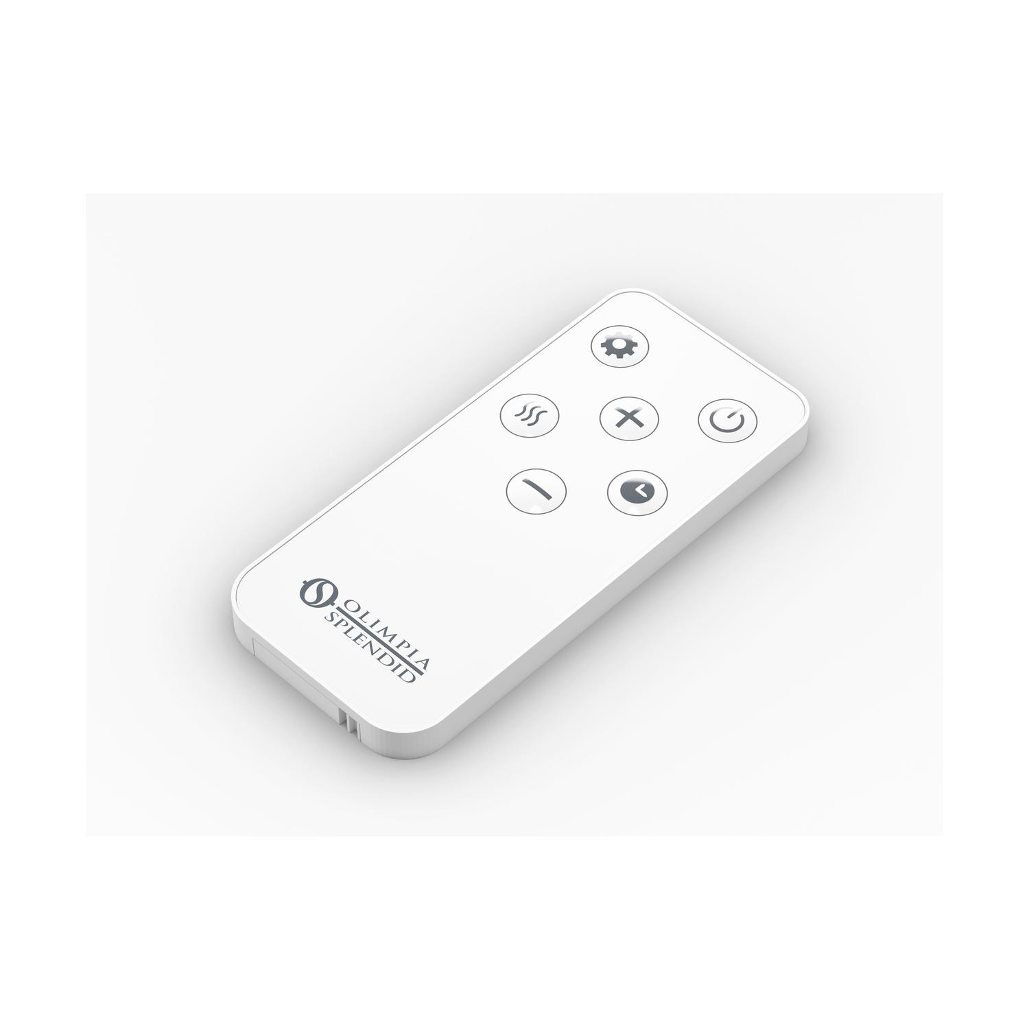 Un telecomando bianco con diversi pulsanti e la scritta "OLIMPIA SPLENDID". Il telecomando è su sfondo bianco.