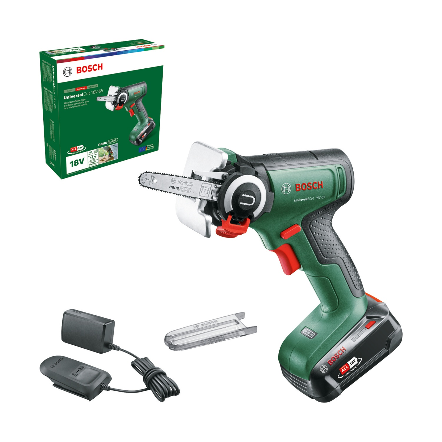 Sega a batteria Bosch UniversalCut 18V-65 con accessori. Sega verde e nera, batteria, caricatore e scatola su superficie bianca.