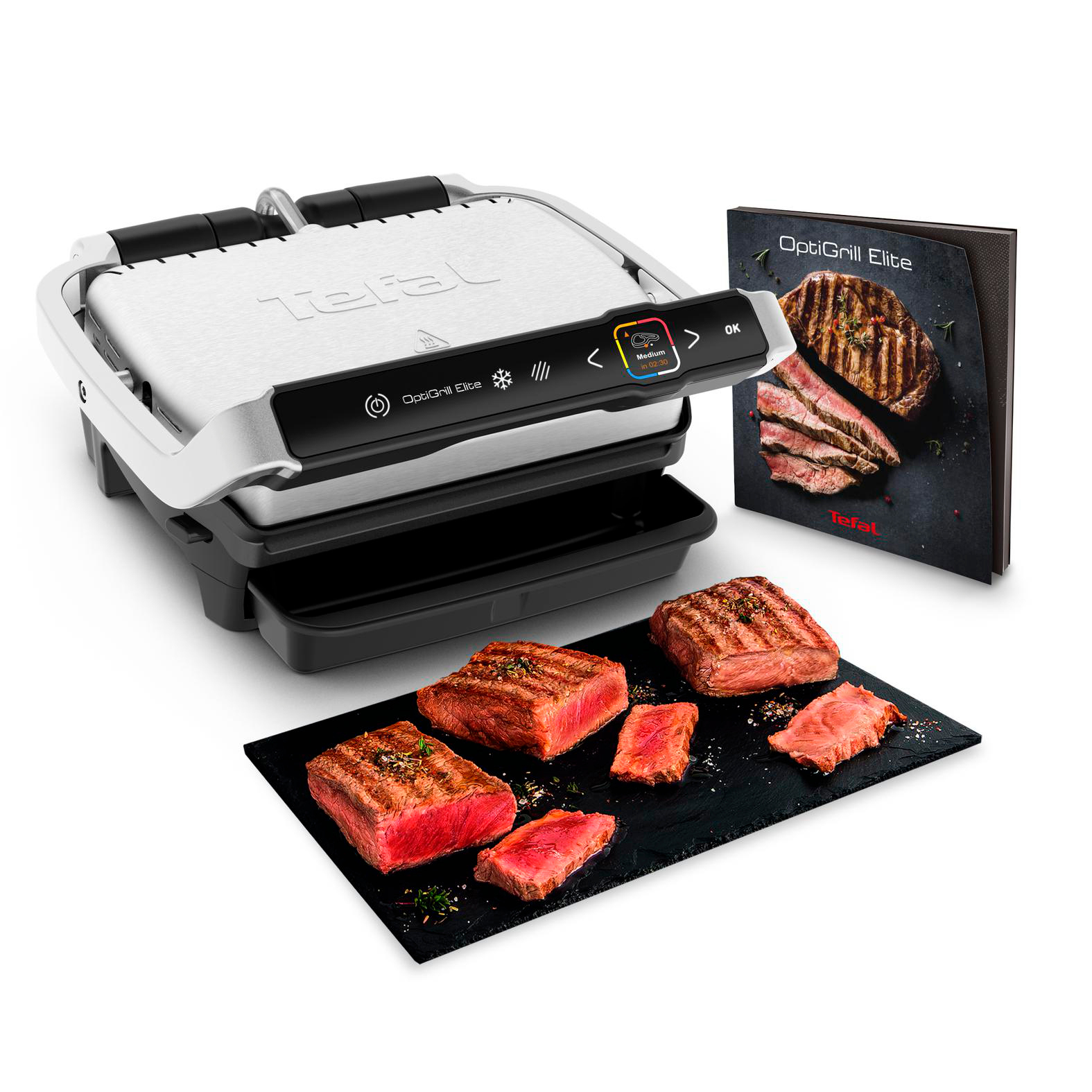 Ein OptiGrill Elite mit gebratenen Steaks auf einem schwarzen Tablett, einer Broschüre und einem weißen Hintergrund.