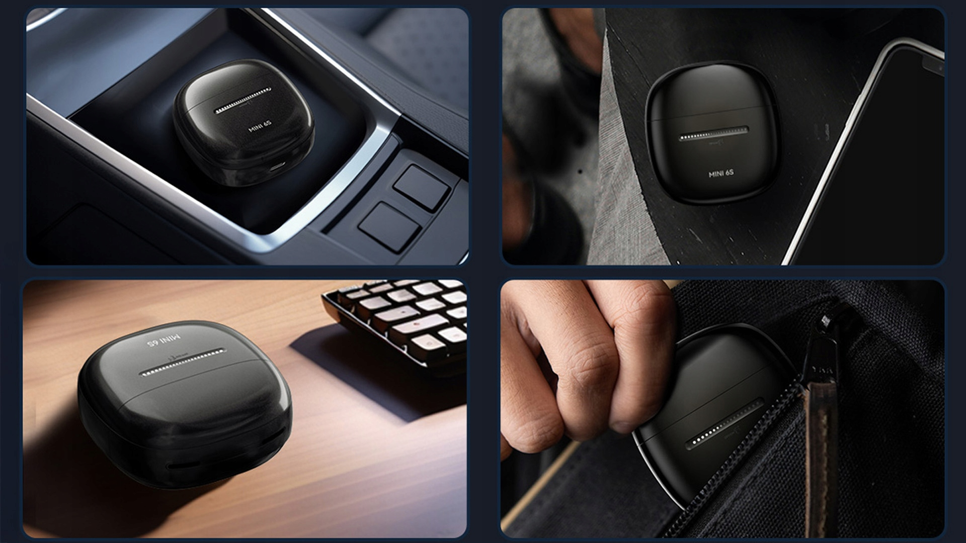 Zdjęcia pokazują czarne etui na słuchawki w różnych ustawieniach: konsola samochodowa, stół, torba oraz obok klawiatury i telefonu.