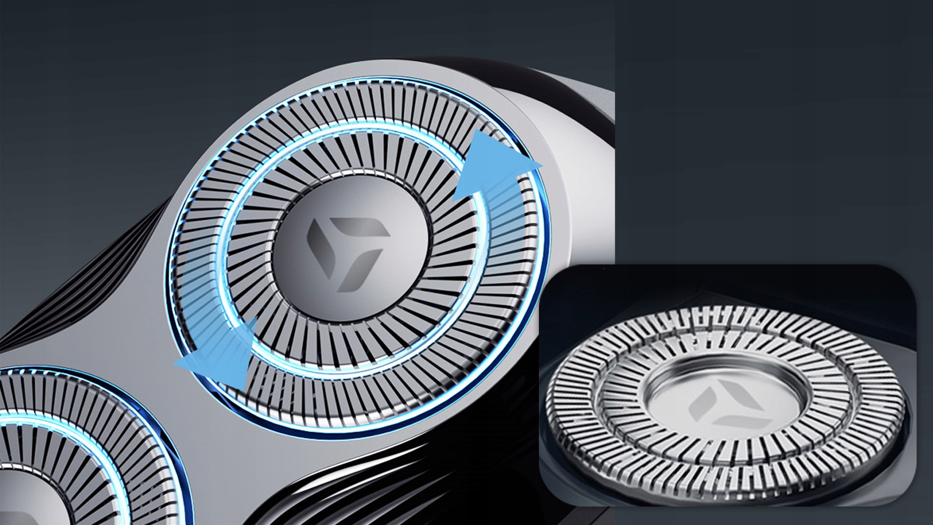 Zbliżenie srebrnej głowicy golarki. Ma okrągły kształt z niebieskim obrysem i logo pośrodku, ze strzałkami.