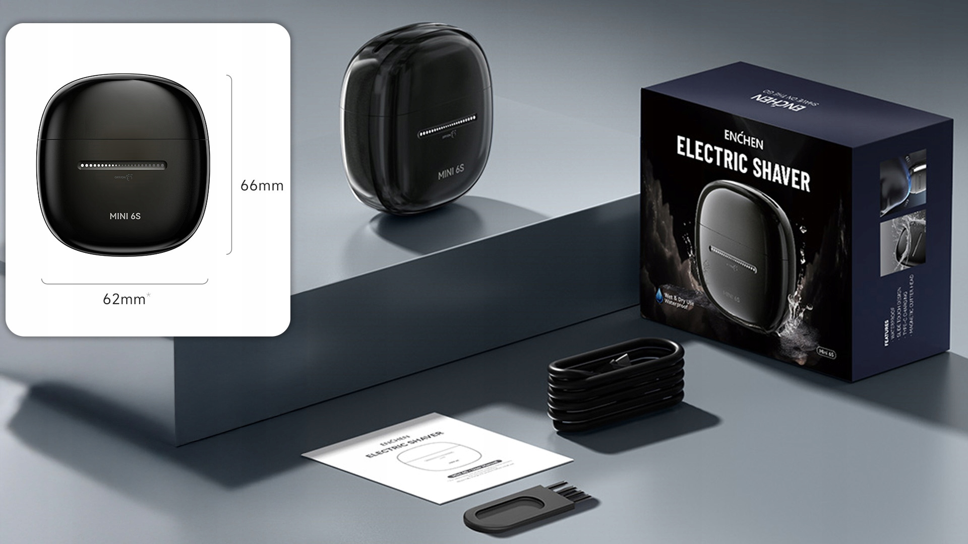 Czarny zestaw do golenia elektrycznego. Zawiera golarkę, pudełko, kabel do ładowania i szczoteczkę do czyszczenia. Golarka jest oznaczona jako 'MINI 6S'.