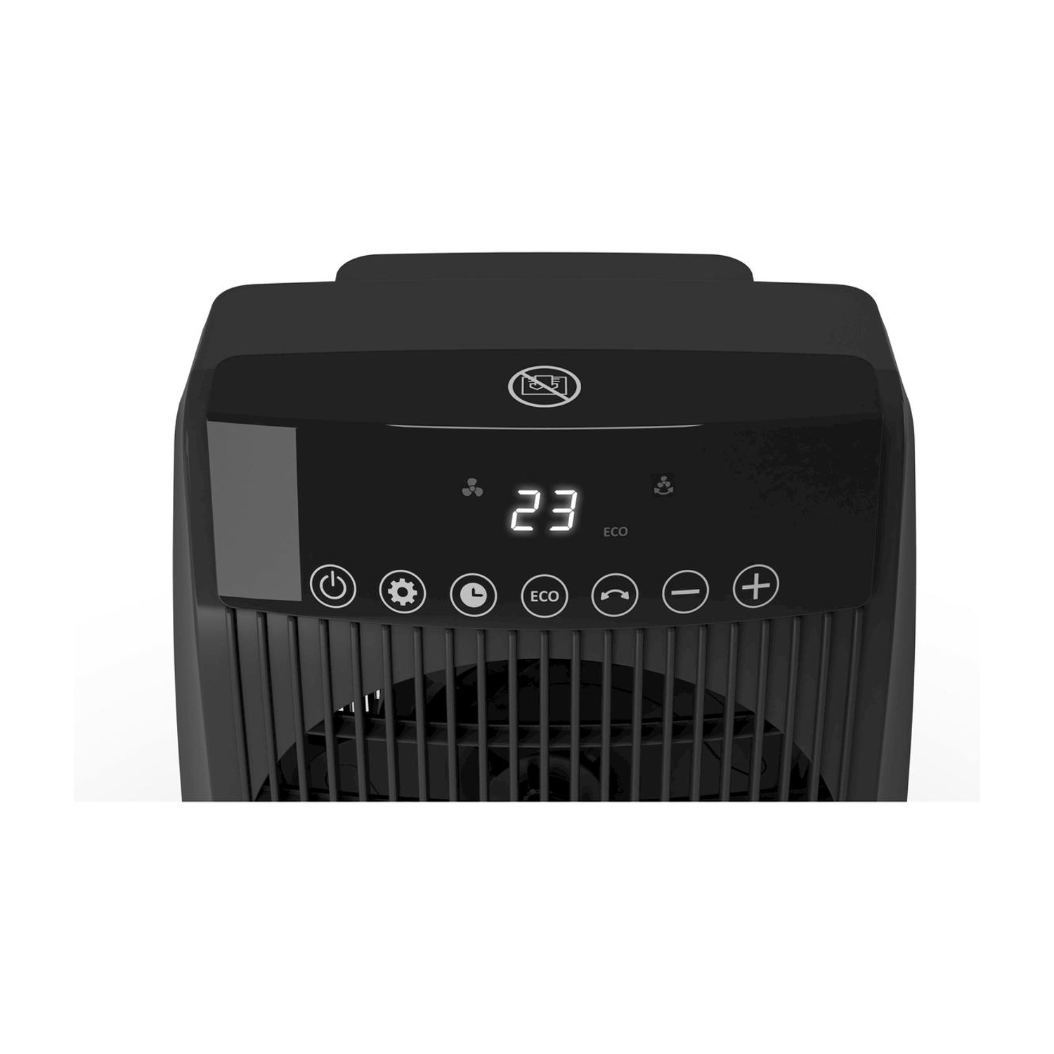 Purificatore d'aria nero con pannello di controllo. Il pannello mostra 23 gradi, con pulsanti per accensione, impostazioni, timer e velocità ventola.