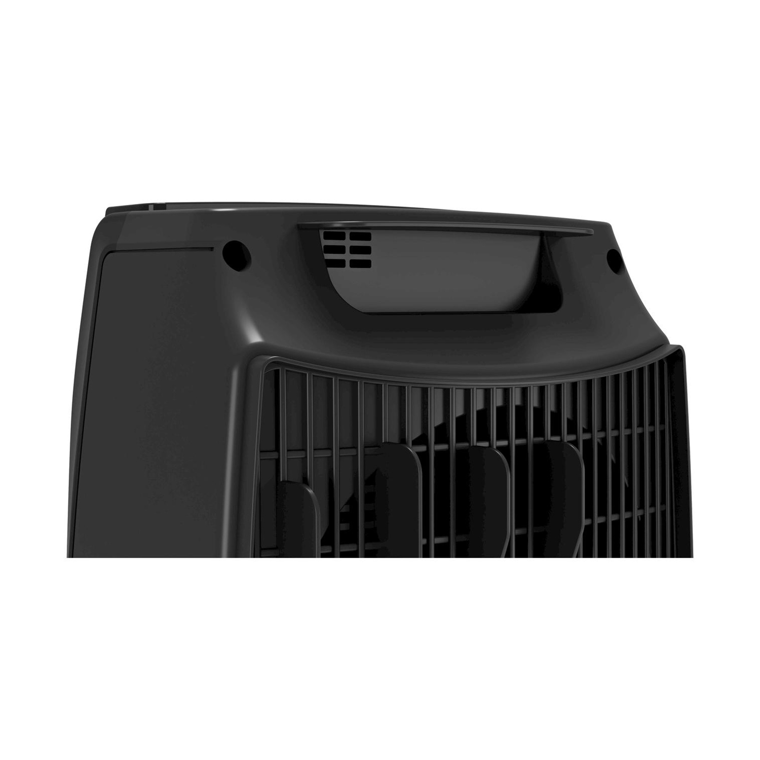 Primo piano di un riscaldatore elettrico nero. La parte superiore ha una maniglia e prese d'aria. La parte anteriore ha una griglia.