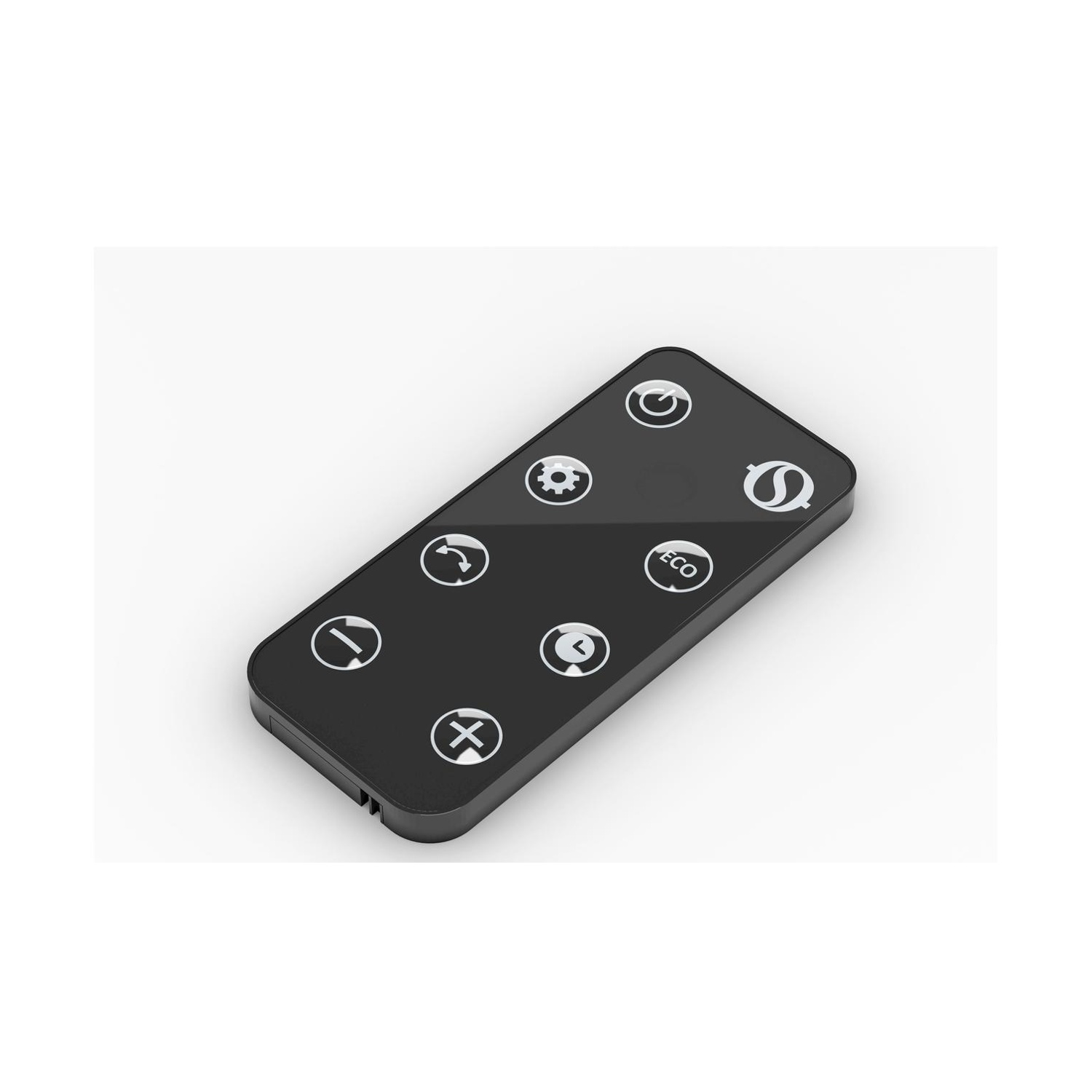 Un telecomando nero con icone bianche. Le icone includono un ingranaggio, un cerchio con una linea, una freccia e una X.