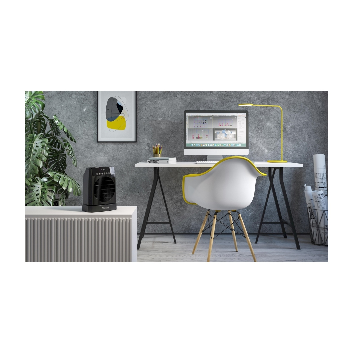 Un ambiente ufficio moderno con un computer, una lampada gialla e una sedia bianca con accenti gialli. Un riscaldatore nero a sinistra.