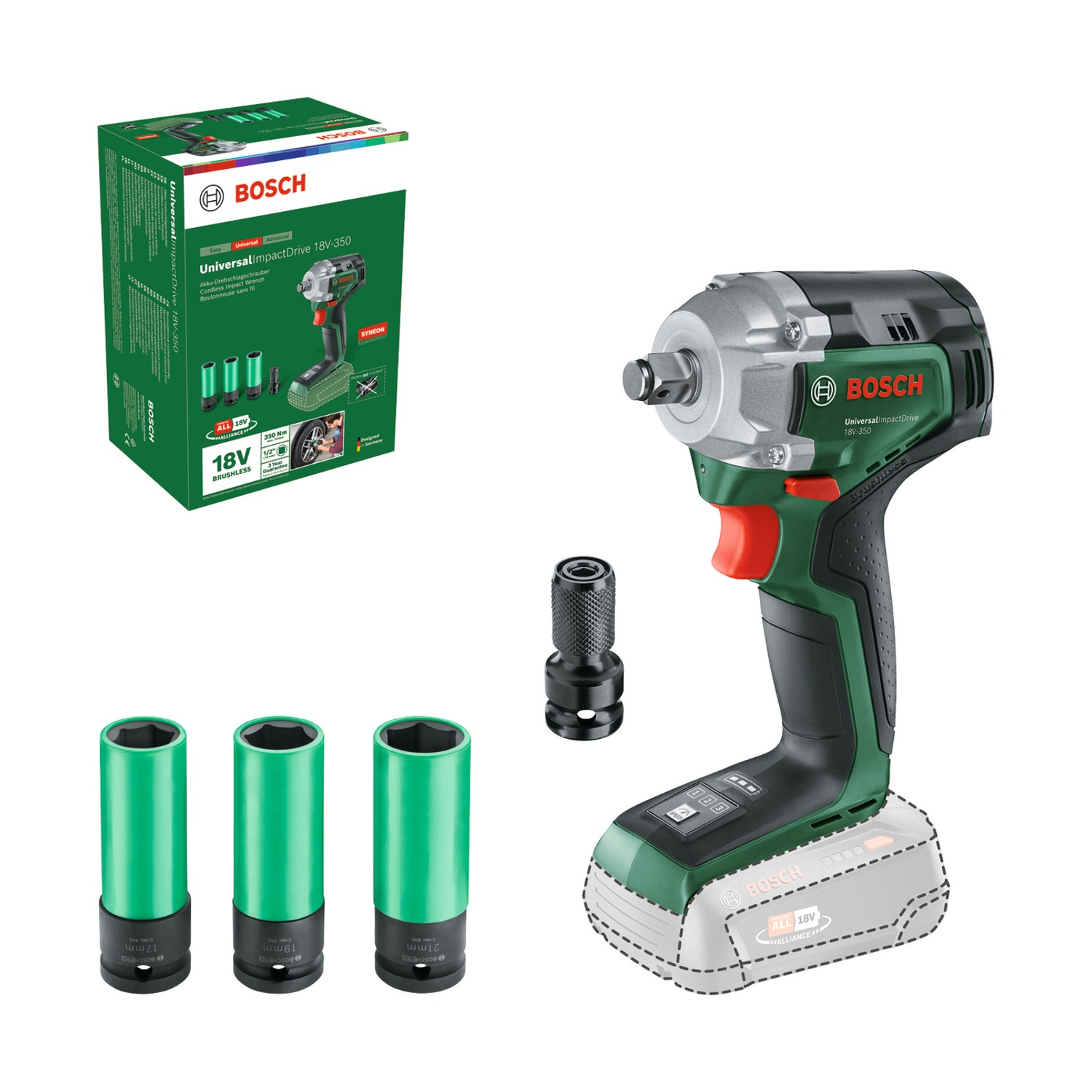 Set di chiavi a impulsi Bosch. Include la chiave, le prese e una scatola con i dettagli del prodotto. I colori verde e nero predominano.