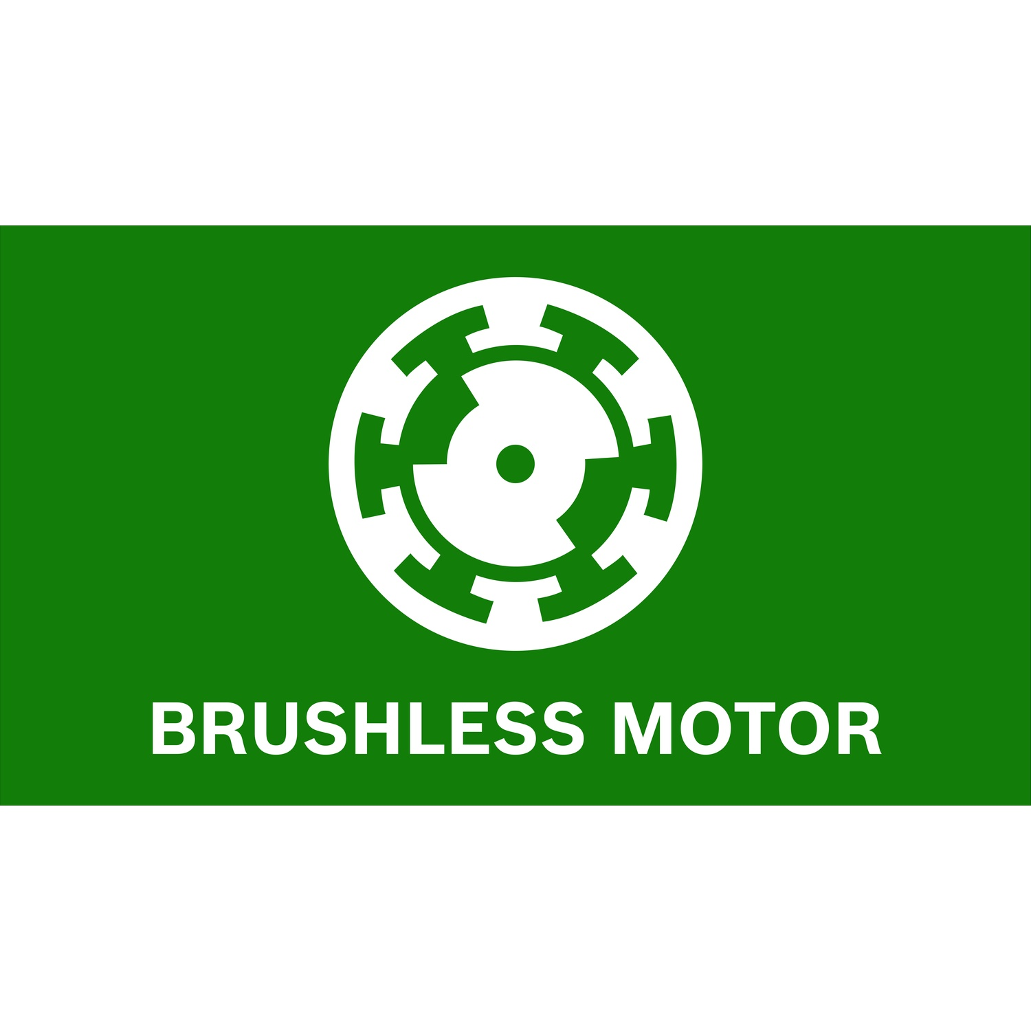 Un'icona bianca di ingranaggio stilizzata su sfondo verde con le parole 'BRUSHLESS MOTOR' in bianco sotto.