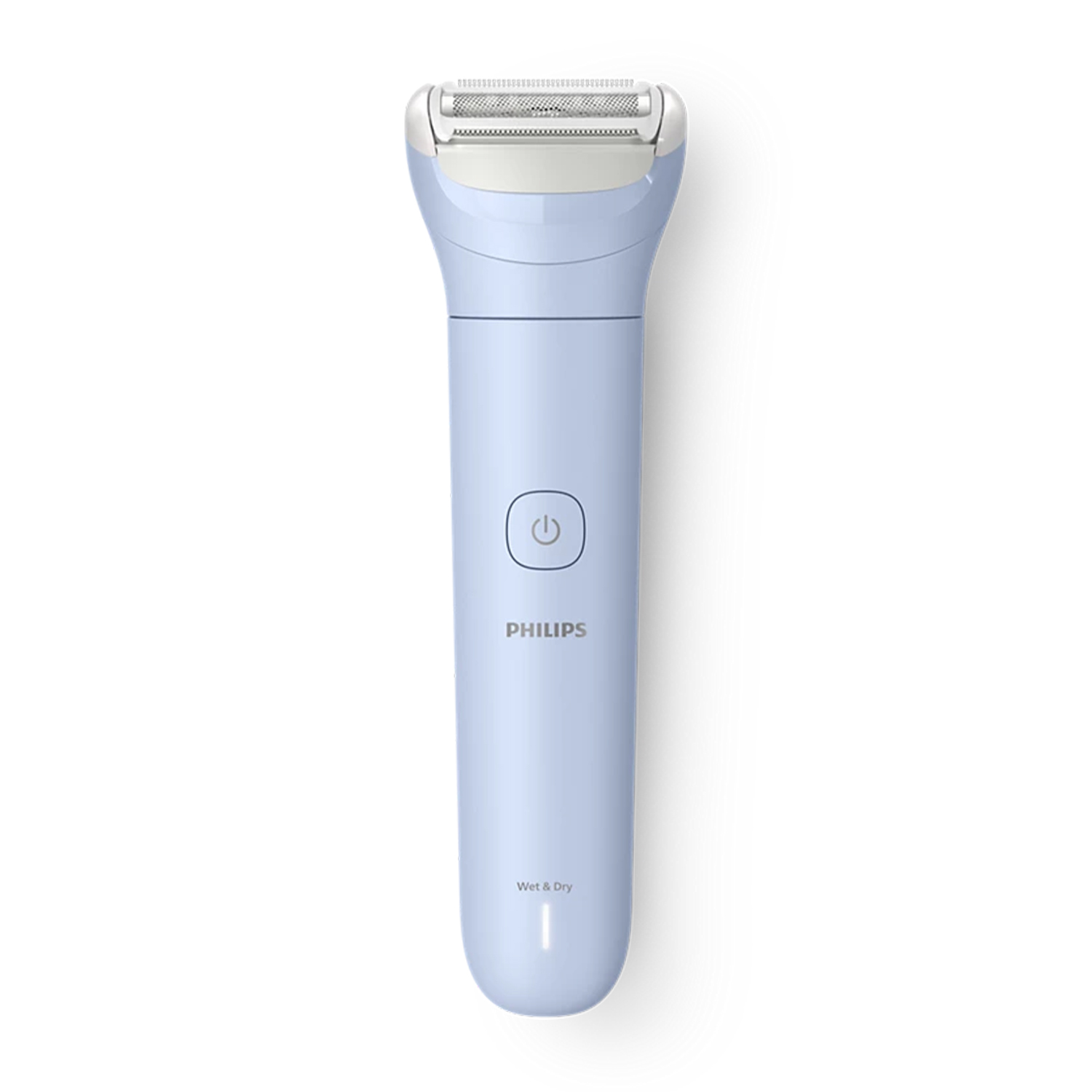 Un rasoio Philips Wet & Dry azzurro. Ha una testina bianca, un pulsante di accensione e il marchio 'Philips'.