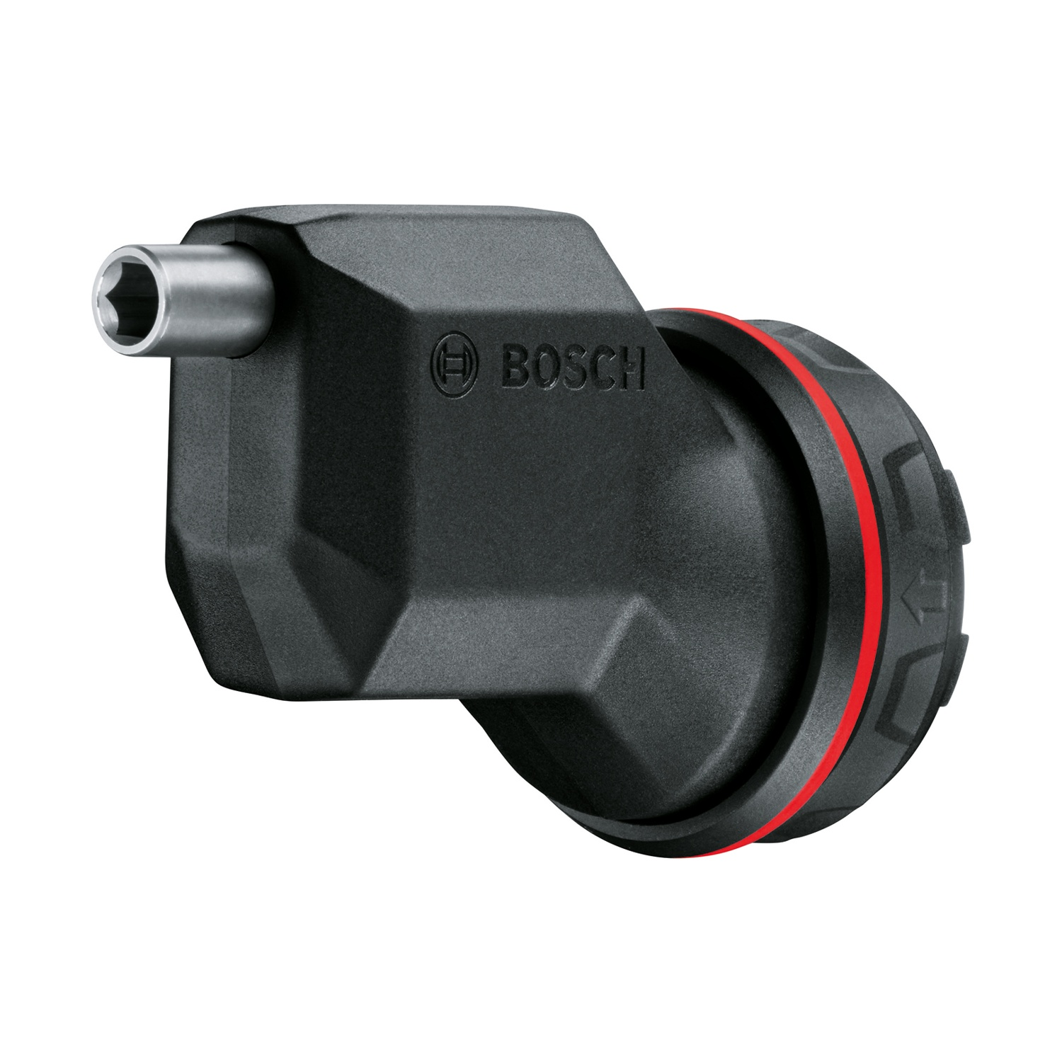 Uno strumento Bosch nero con un'estremità in metallo argentato. Ha un anello rosso e il logo Bosch è visibile. Lo sfondo è bianco.