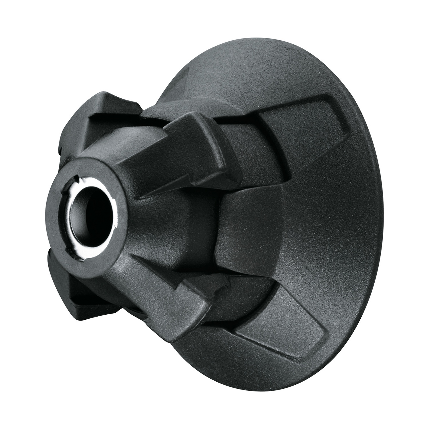 Un componente industriale in plastica nera con un foro centrale e una base circolare. Ha superfici strutturate e forme angolari.