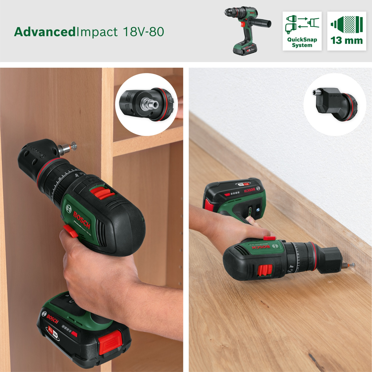 Una persona usa un trapano Bosch AdvancedImpact 18V-80 nero e verde su legno. Il trapano è a batteria con un pulsante rosso.