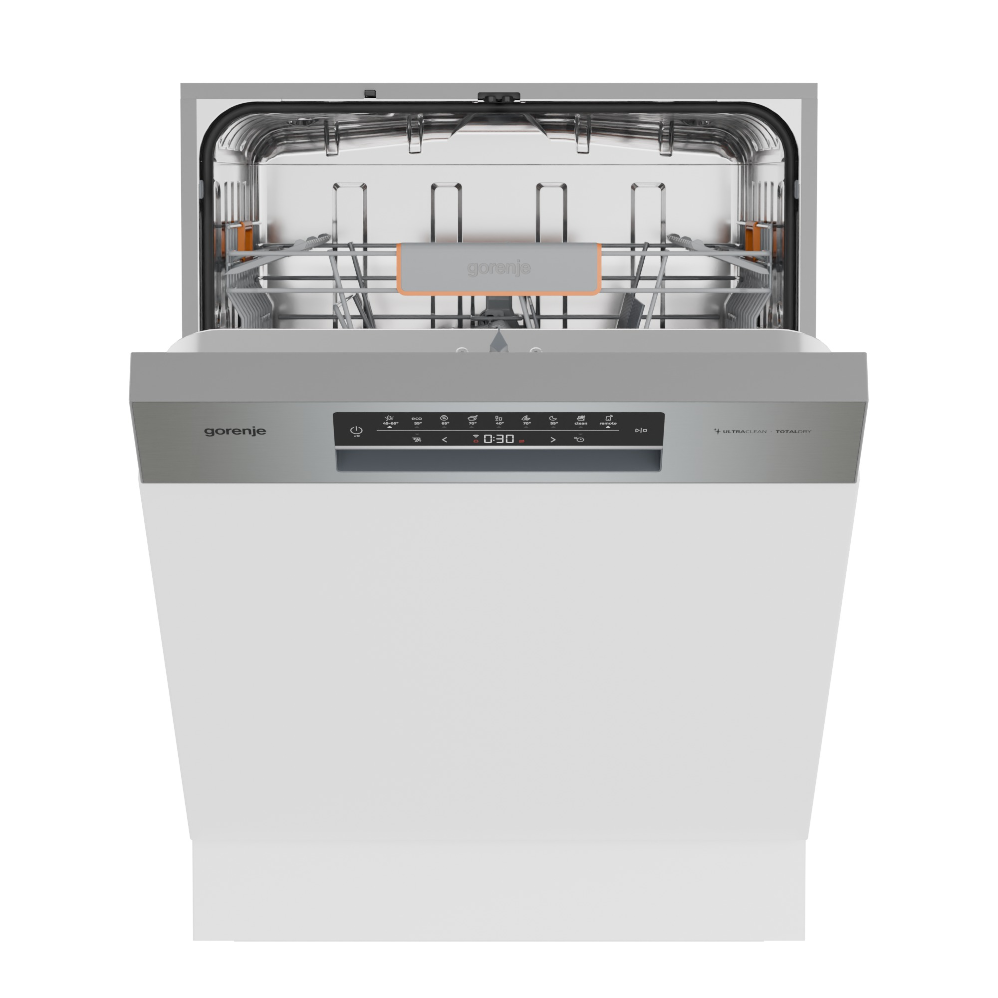 Ein weißer Gorenje-Geschirrspüler mit geöffneter Tür. Der Innenraum hat Gestelle. Das Bedienfeld zeigt Einstellungen und einen Timer.