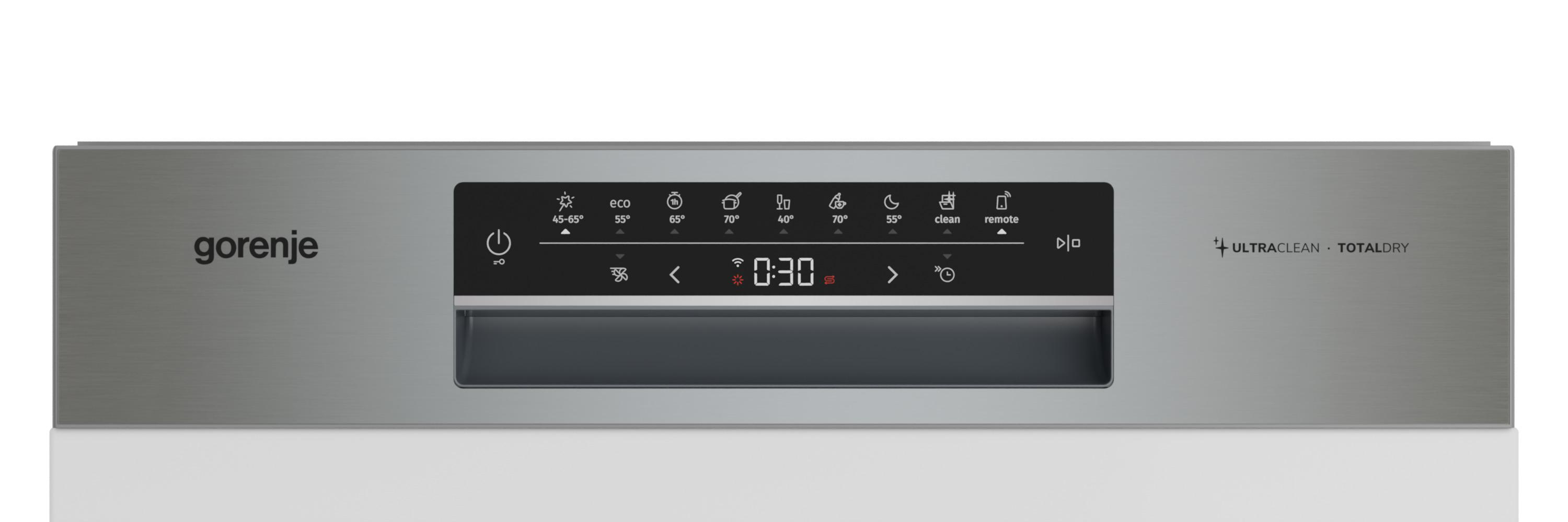 Silbernes Gorenje-Geschirrspüler-Bedienfeld. Es hat eine Digitalanzeige mit 0:30, mehrere Tasten und ein Logo.