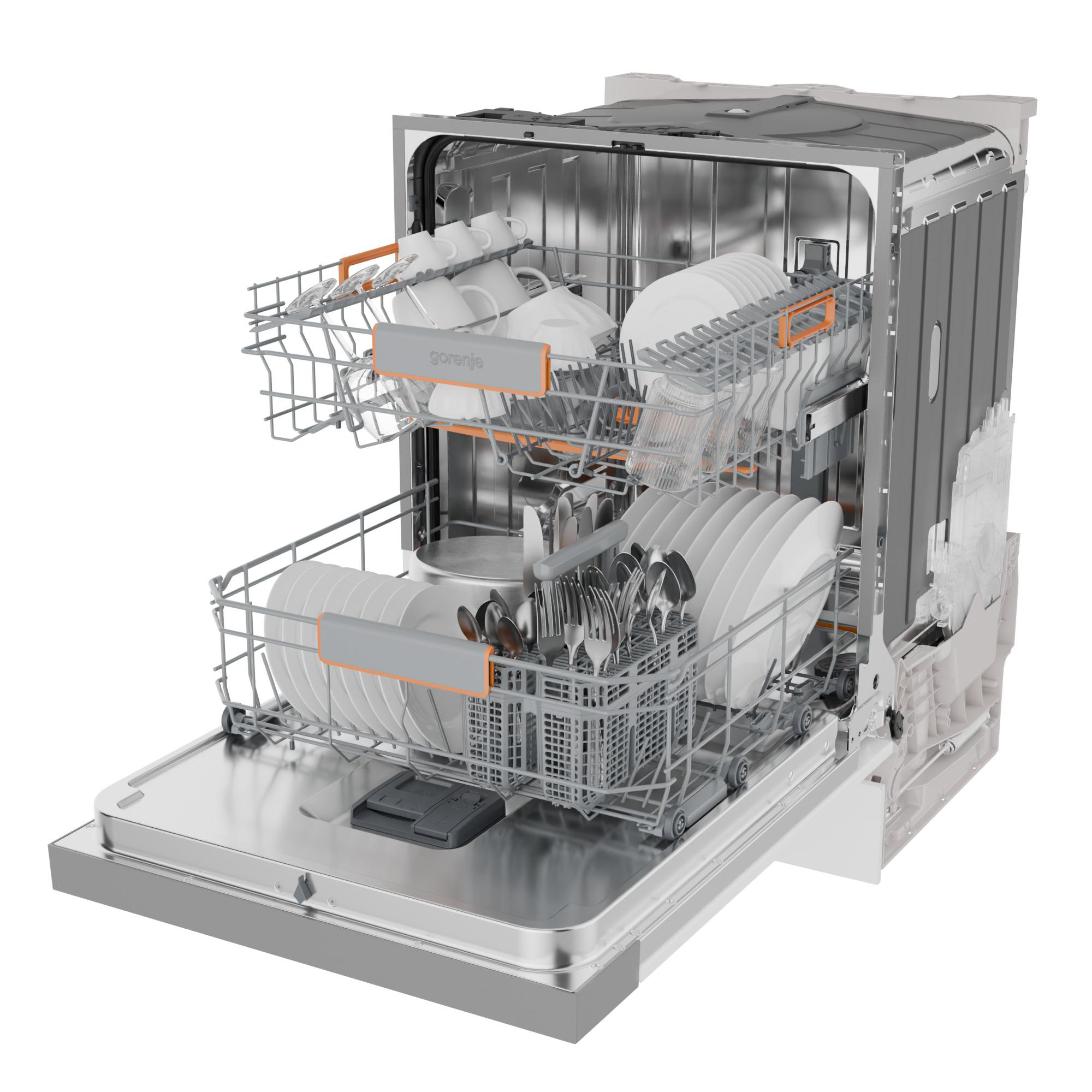 Eine offene Spülmaschine mit sauberem Geschirr, Tassen und Besteck. Die Spülmaschine ist metallisch mit orangefarbenen Akzenten.