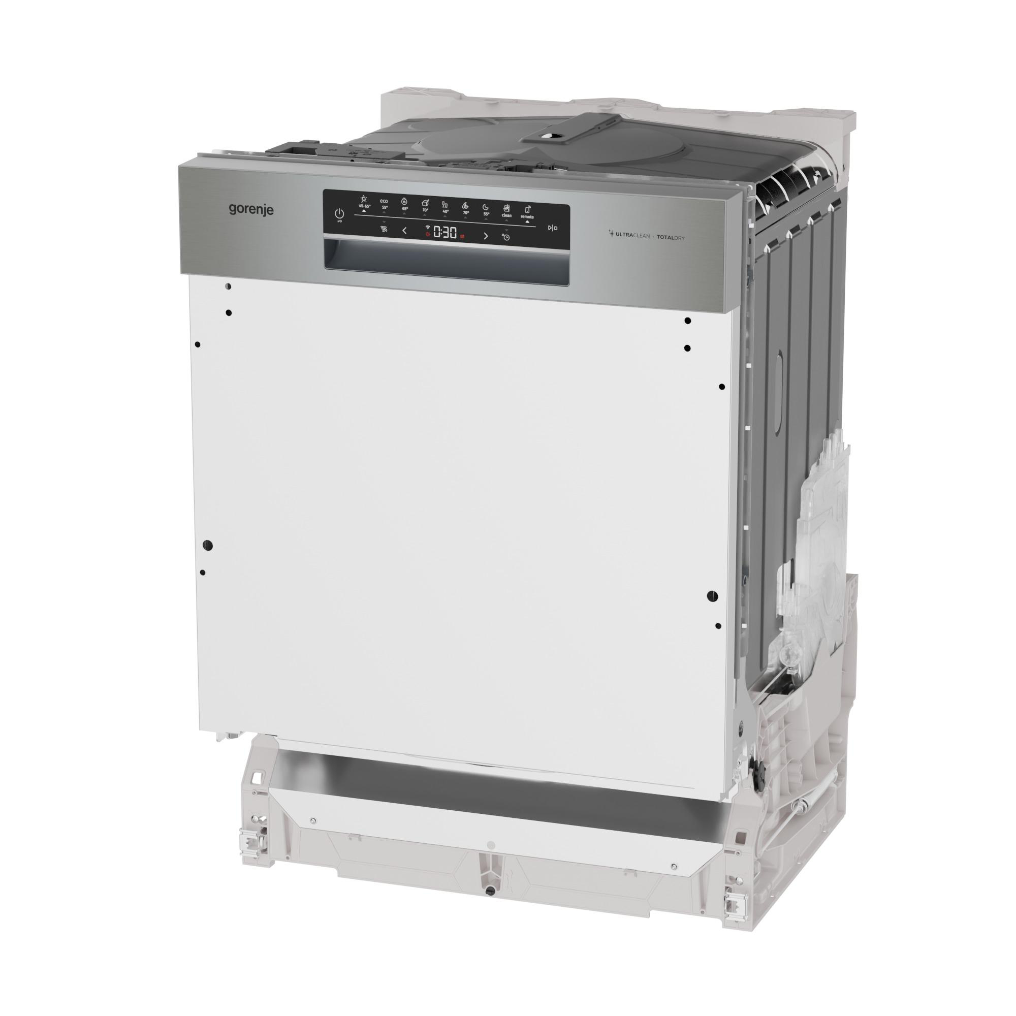 Eine Gorenje-Spülmaschine, offen. Es hat ein Bedienfeld aus Edelstahl mit Knöpfen. Die Tür ist weiß und teilweise geöffnet.