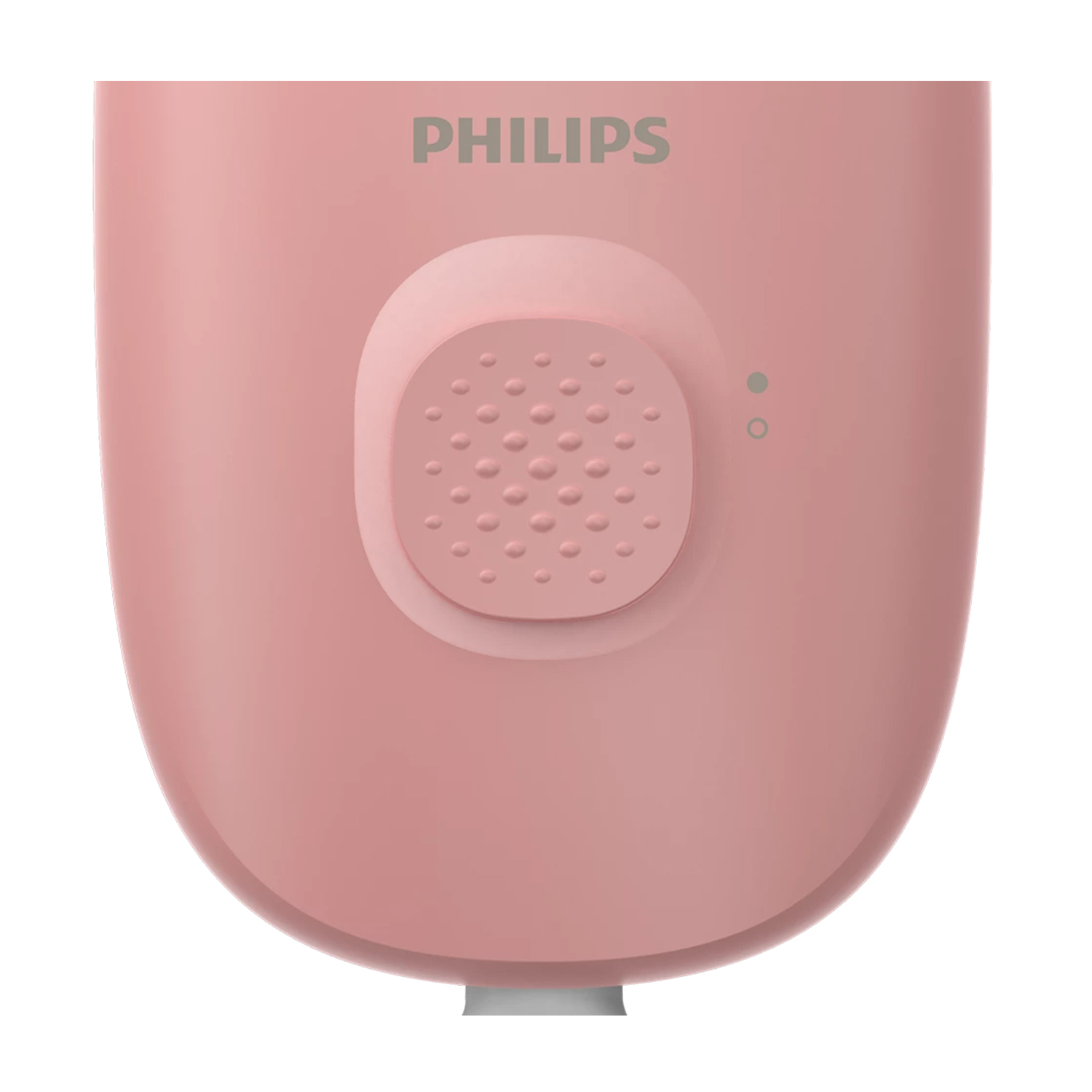 Dispositivo Philips rosa. Ha un pulsante con punti in rilievo e due piccoli indicatori. La parola PHILIPS è scritta sopra.