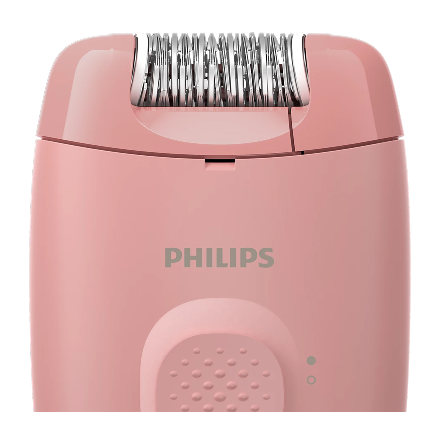 Un epilatore Philips rosa. La parte superiore ha lame argentate. Il marchio è visibile. Ha una base arrotondata con un motivo a punti.