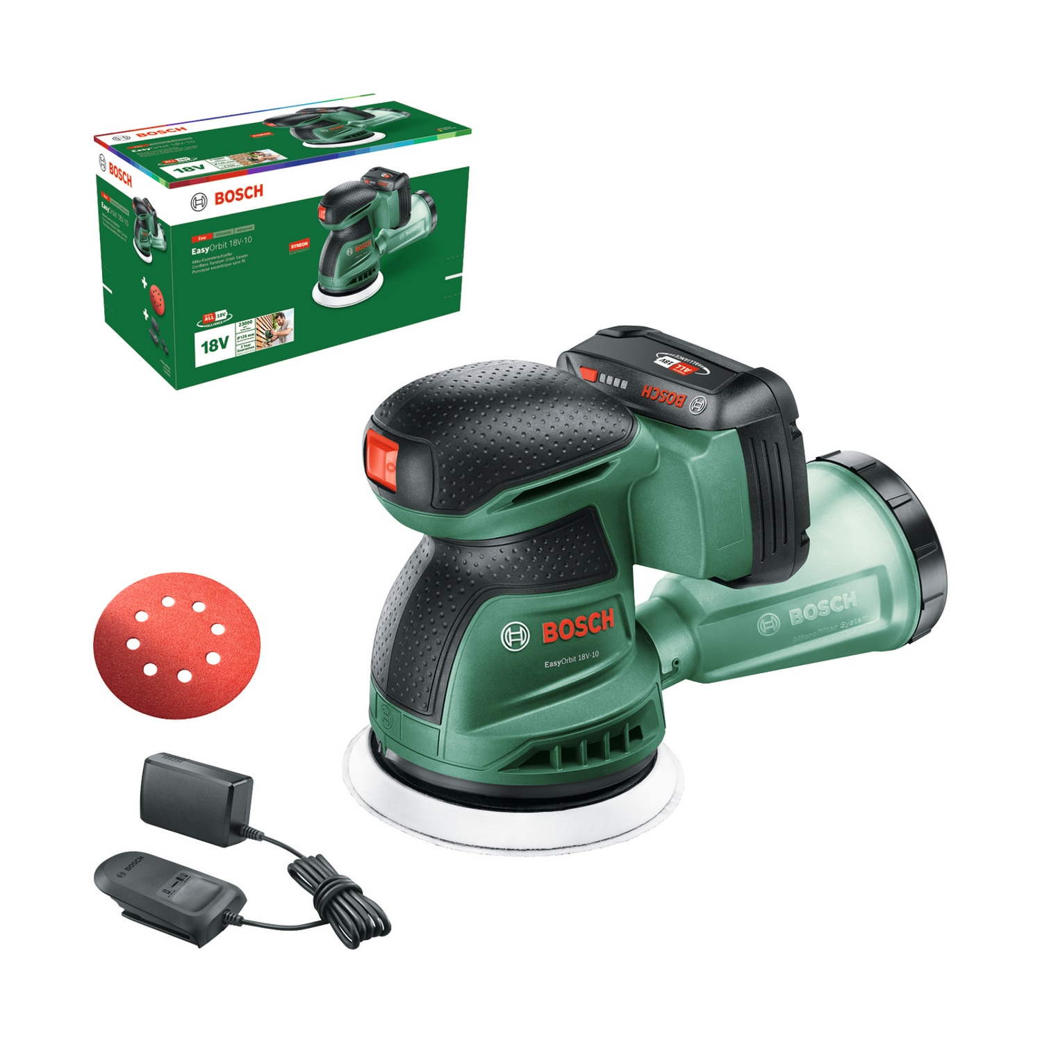 Una levigatrice Bosch EasyOrbit 18V-10 verde e nera con accessori. Include un disco abrasivo rosso, caricabatterie e scatola.