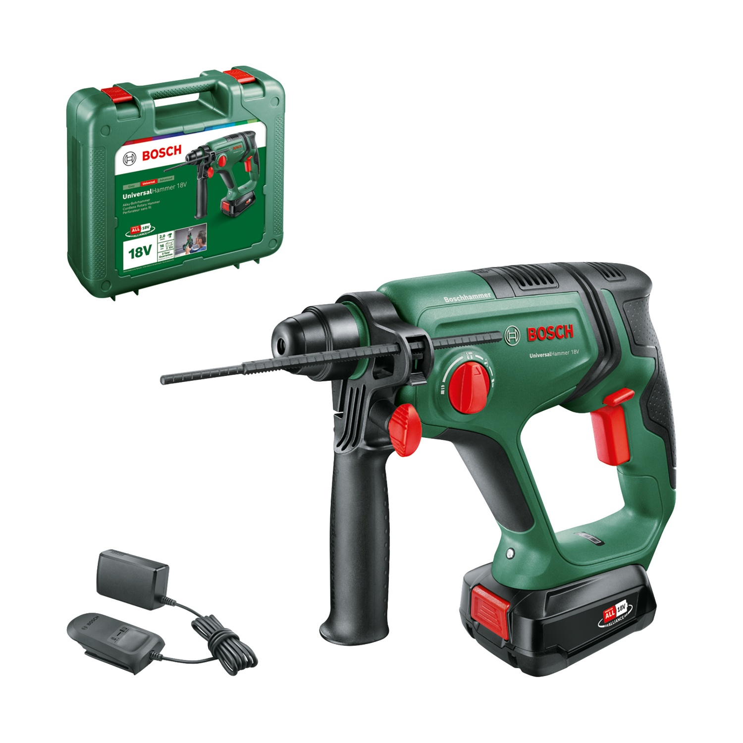 Un Bosch UniversalHammer 18V verde, con manico nero e caricatore. Una custodia verde con un'immagine del trapano è in alto a sinistra.