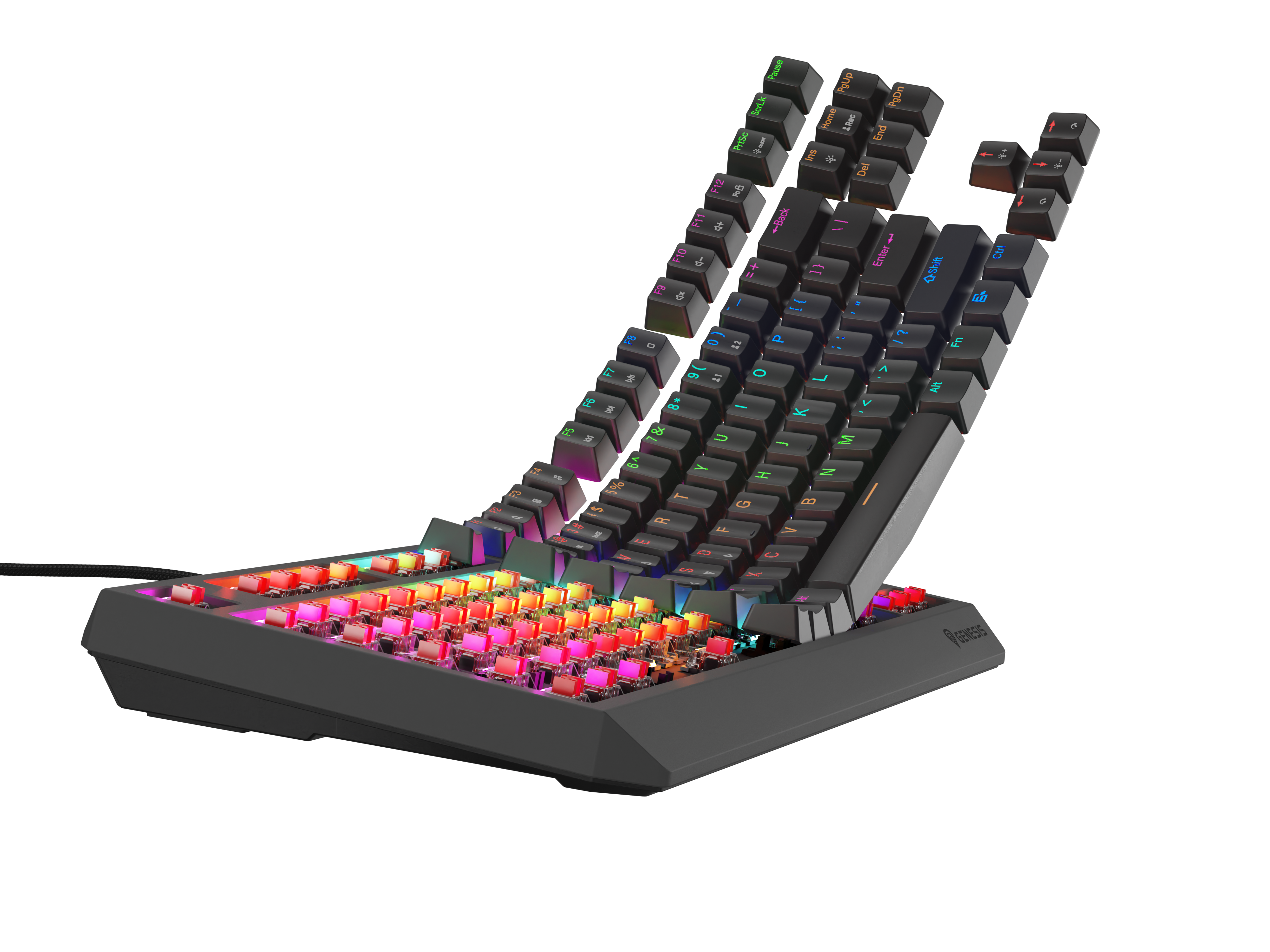Fekete gamer billentyűzet színes gombokkal, szögletes dizájnnal és fekete háttérrel. A gombok világítanak.