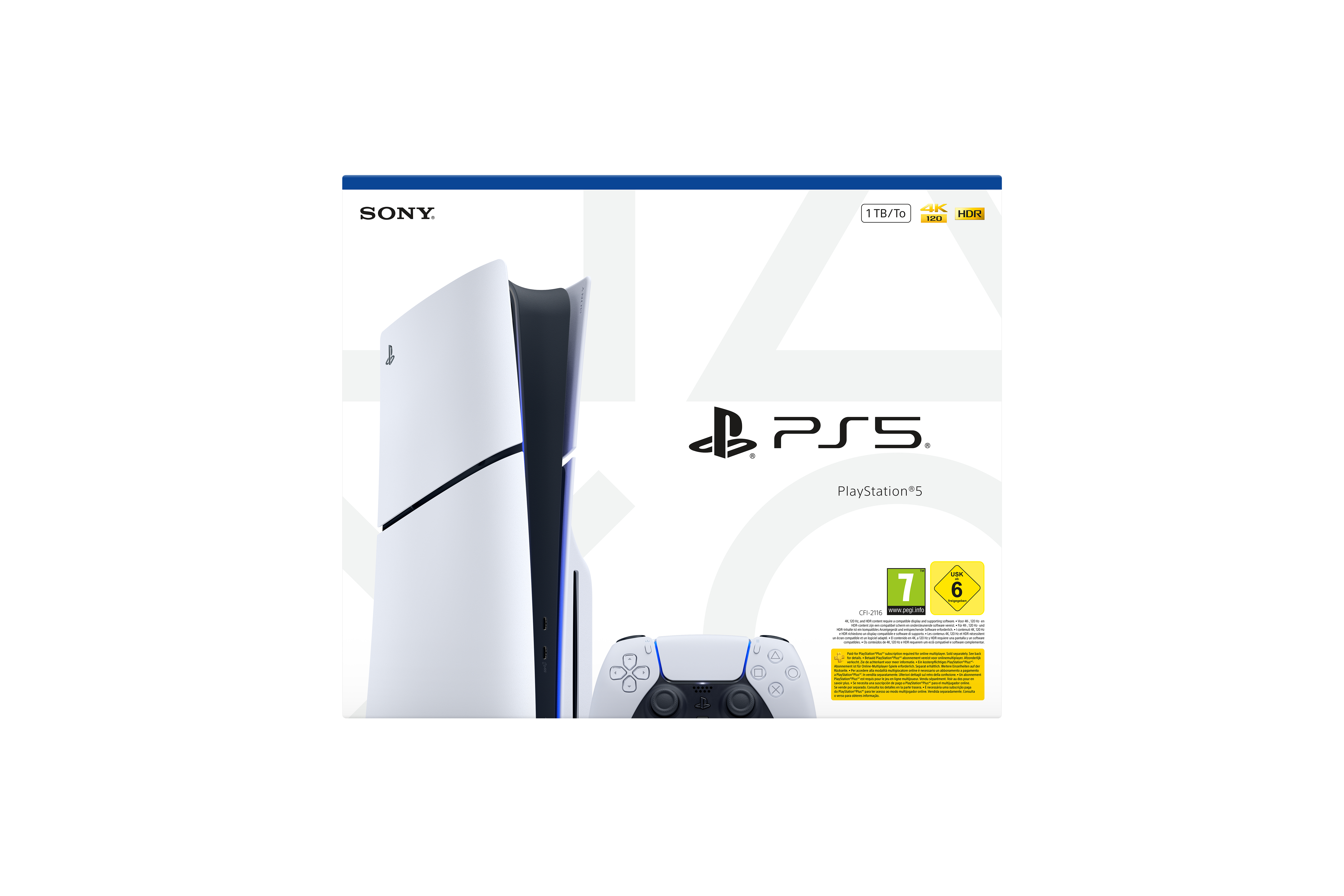 PlayStation 5 Box. Weiße Konsole und Controller. Enthält die Konsole, einen Controller und Bewertungsschilder.