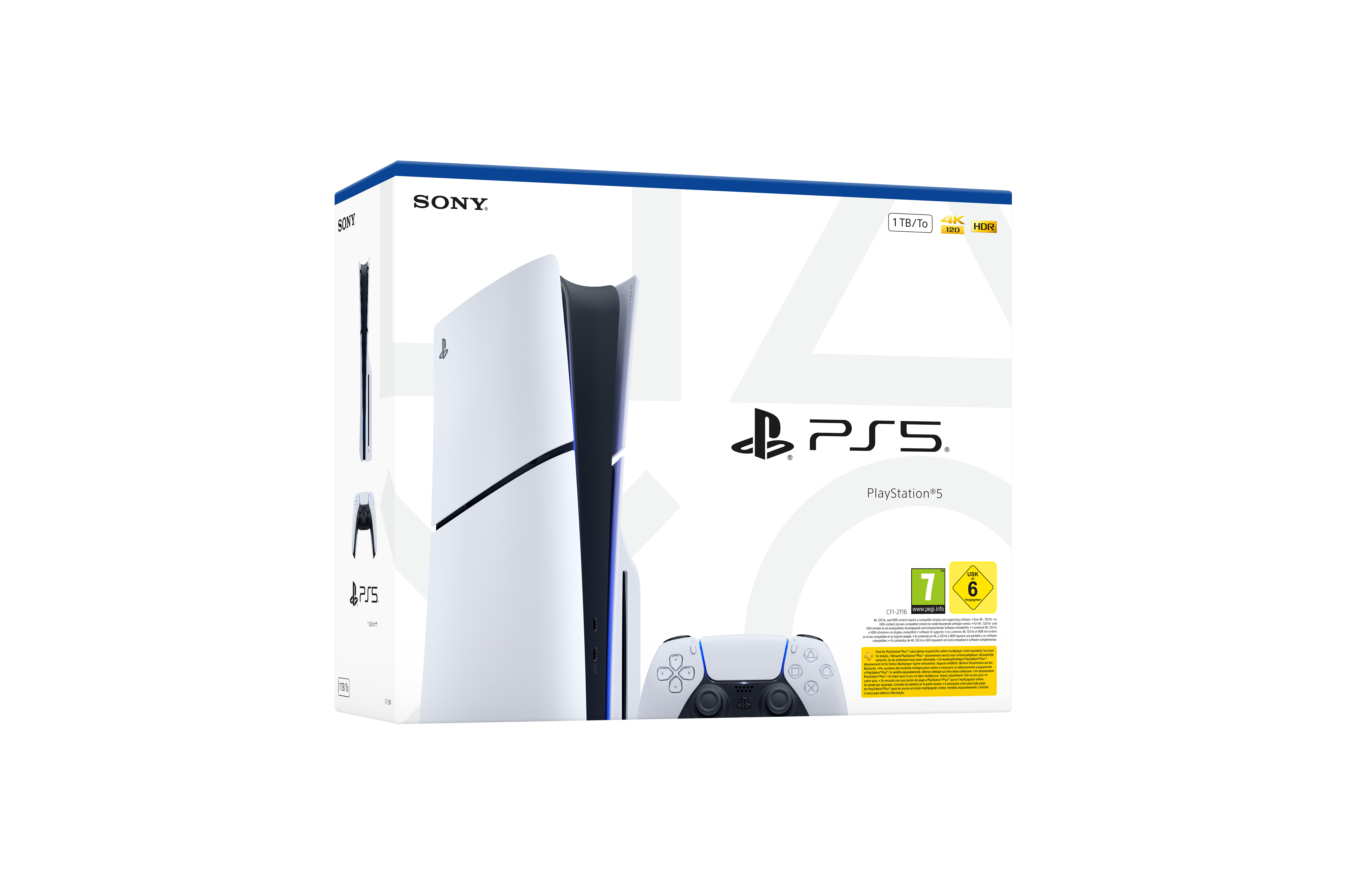 Eine PlayStation 5-Box. Weiße Konsole und Controller werden angezeigt. Die Box zeigt das Konsolenbild und das PS5-Logo.