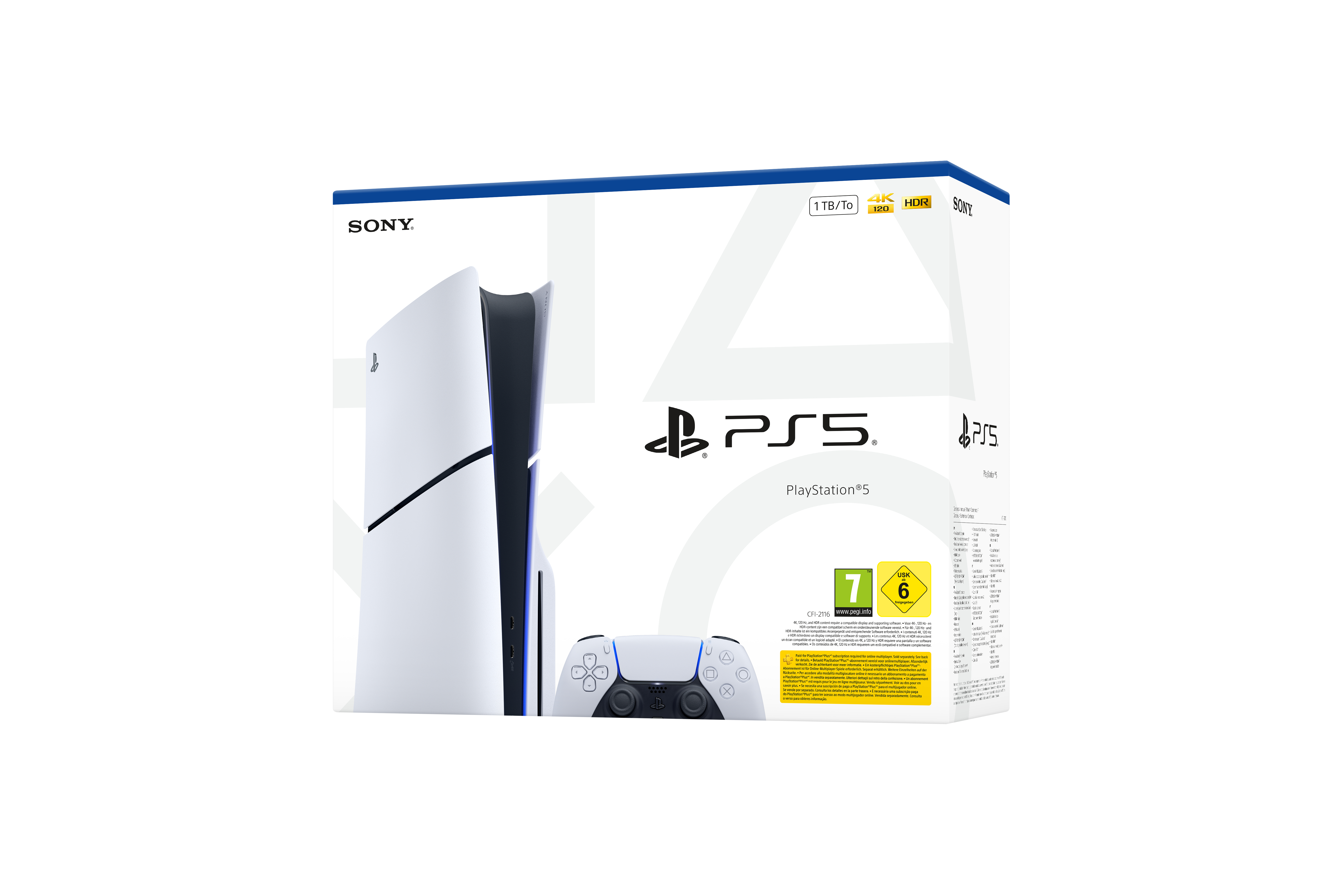 PS5-Konsole und Controller auf einer Schachtel. Weiße Konsole links. Schachtel hat PS5-Logo und Details.