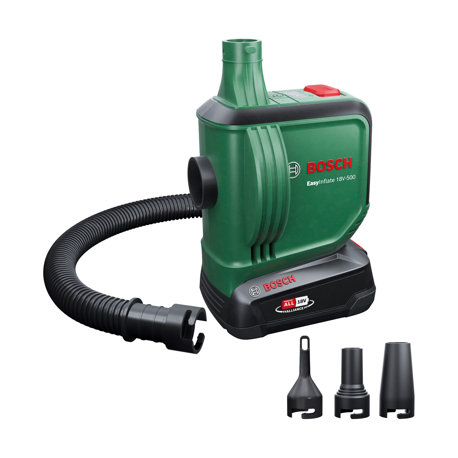 Pompa ad aria Bosch EasyInflate 18V-500 verde e nera. Include tubo e tre ugelli. Pulsante rosso in alto. Sfondo bianco.