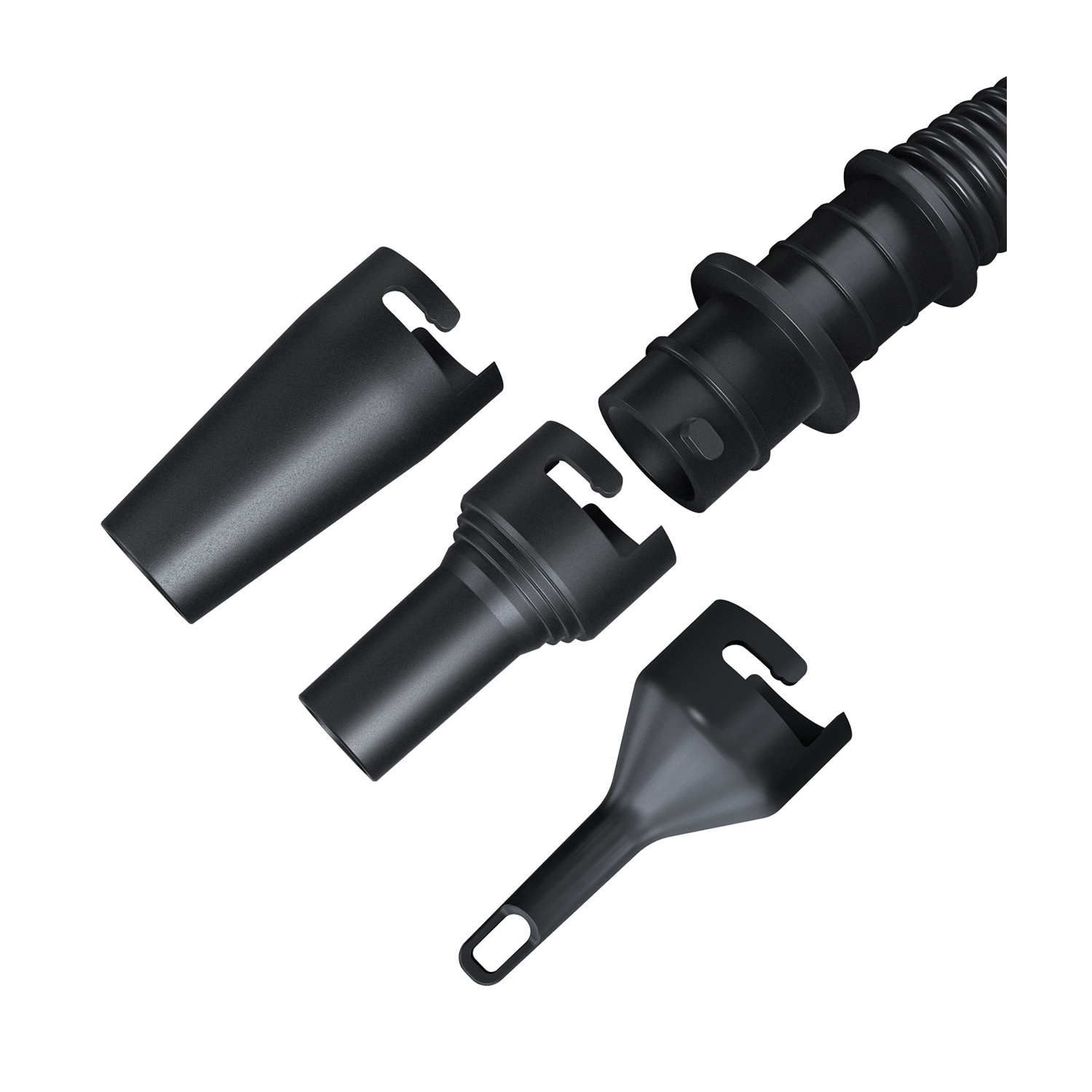 Accessori per aspirapolvere in plastica nera, smontati. Include un tubo, due ugelli e una testina, il tutto su sfondo bianco.